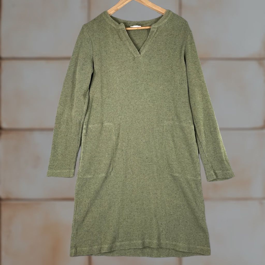 J. Jill J Jill Dress Womens M Green Waffle Knit Thermal Long Sleeve Pockets Mini Size M / US 6-8 / IT 42-44 - 1 Thumbnail