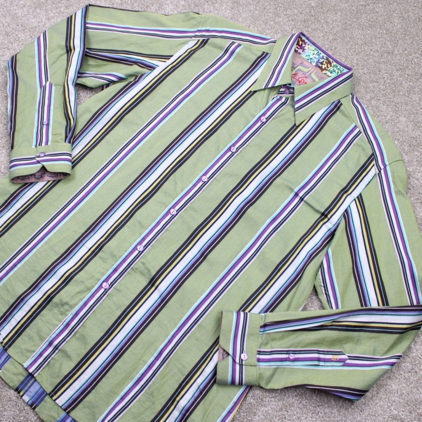Robert Graham Robert Graham Button-Up Shirt Adult Large Green/Purple Cotton L/S Striped Size US L / EU 52-54 / 3 - 3 Thumbnail