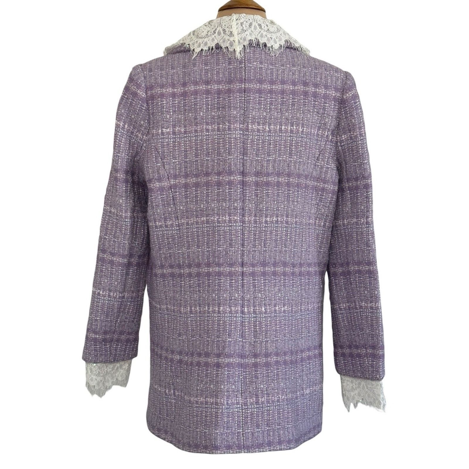 Other MARIE ELIE Lavender Tweed Wool Lace Designer Blazer Metallic Size L / US 10 / IT 46 - 7 Thumbnail