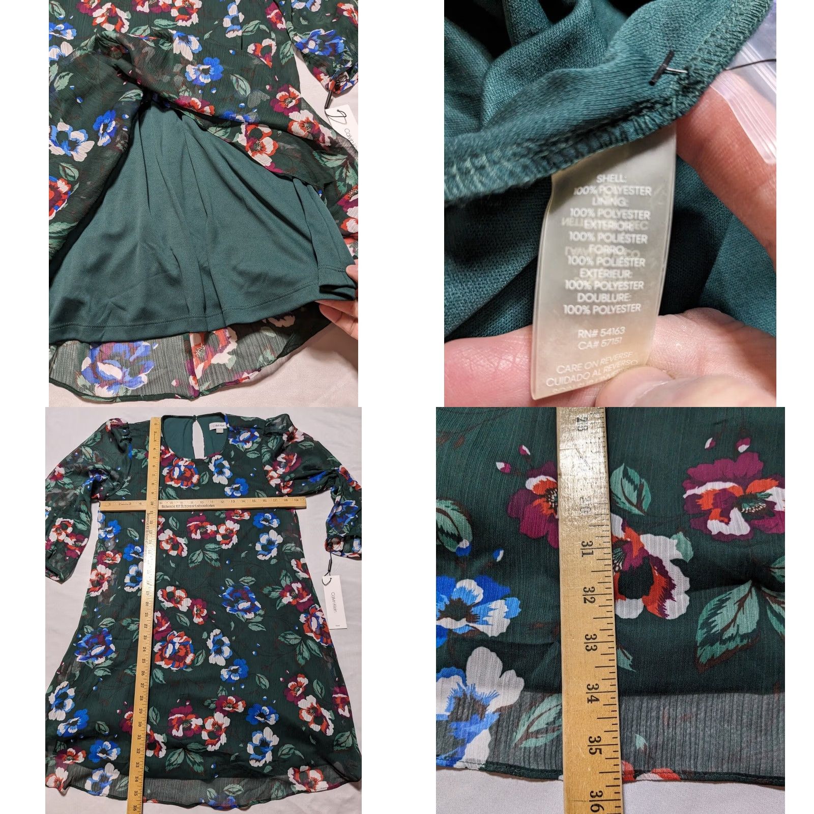 Calvin Klein VINTAGE CALVIN KLEIN Green Floral Balloon 3/4 Sleeve Chiffon Shift Dress Women 8 NEW Size M / US 6-8 / IT 42-44 - 8 Thumbnail