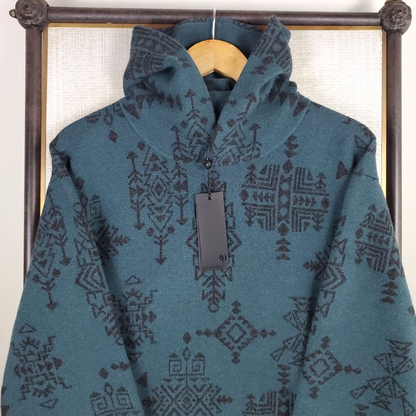 Vintage Greyson Mens Heavyweight Pullover Sweater Hooded Aztec Southwest Green XL Cashmere Wool Crew Neck Long Sleeve All Seasons Christmas NWT Size US XL / EU 56 / 4 - 2 Thumbnail
