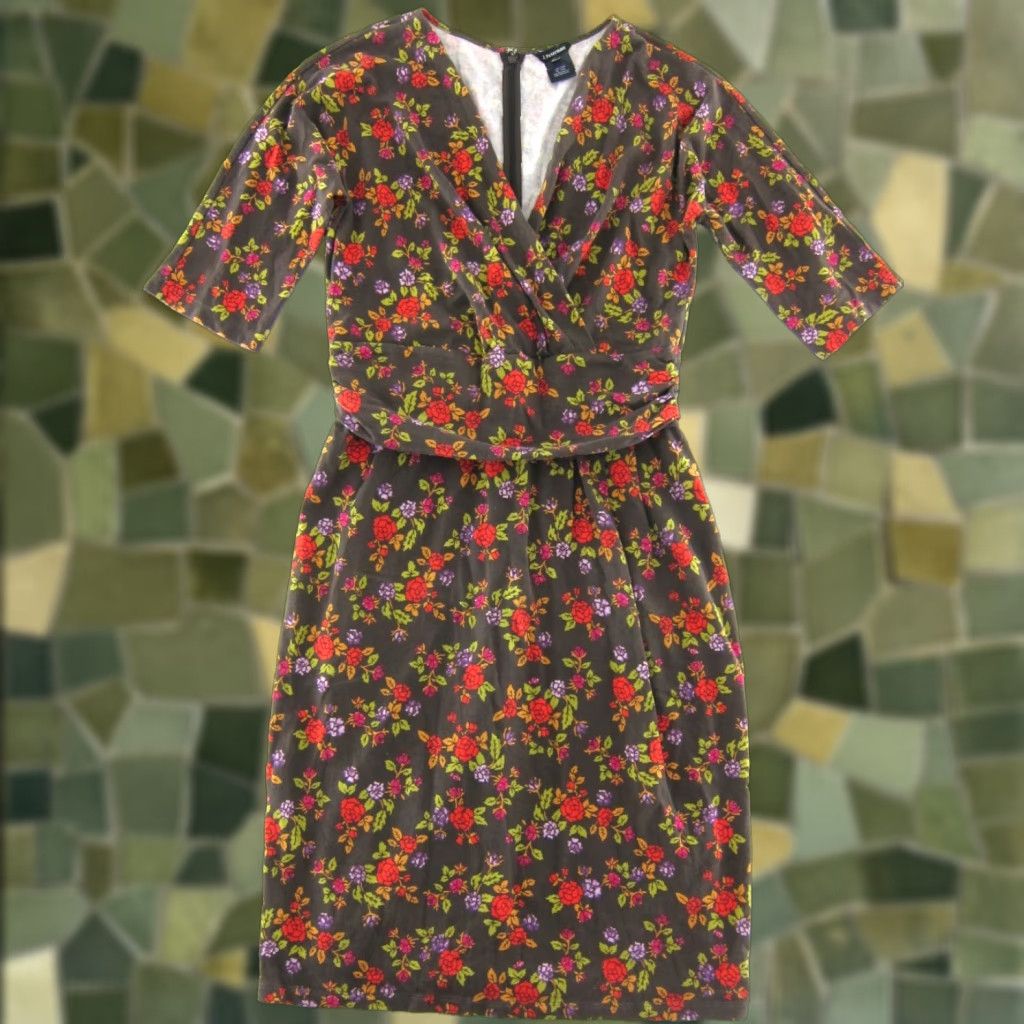 Vintage VTG The J. Peterman Company Brown Red Floral 3/4 Sleeve V-Neck Sheath Dress L Size L / US 10 / IT 46 - 1 Thumbnail