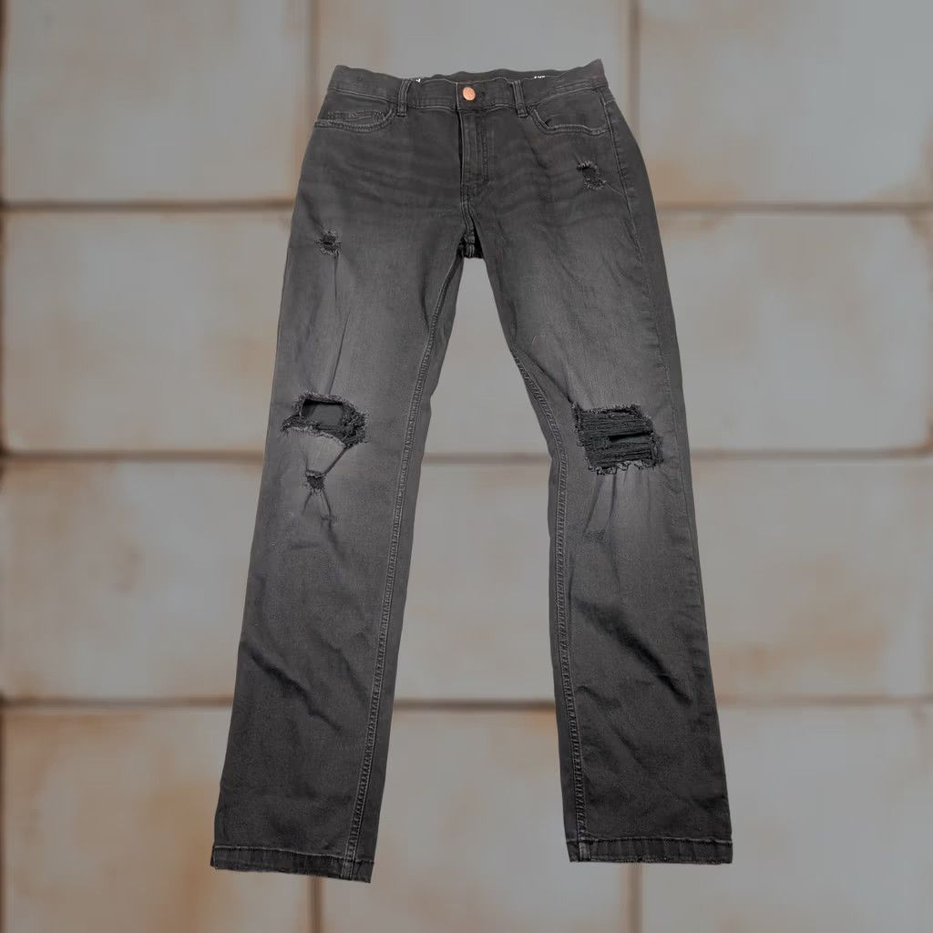 Denime Mugsy AXES Jeans Mens 33x32 Black Distressed Slim Straight Stretch Denim Pants Distressed Logo Casual Denim Jeans Mens 33x32 Size US 33 - 1 Thumbnail