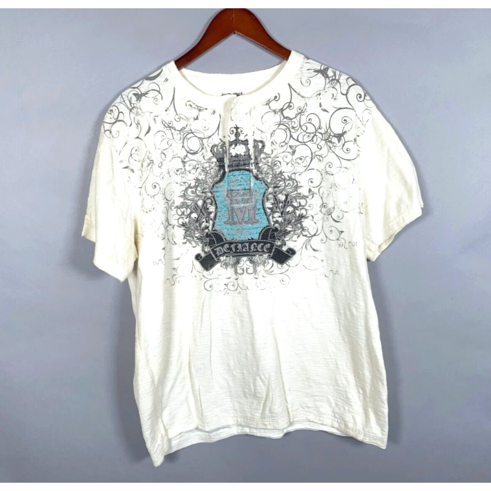 Off-White VINTAGE Modern Couture T-Shirt Henley Tribal Motif Adult XL Ivory Cotton 2000s Grunge Hip Hop Retro Skull Men Size US XL / EU 56 / 4 - 2 Thumbnail