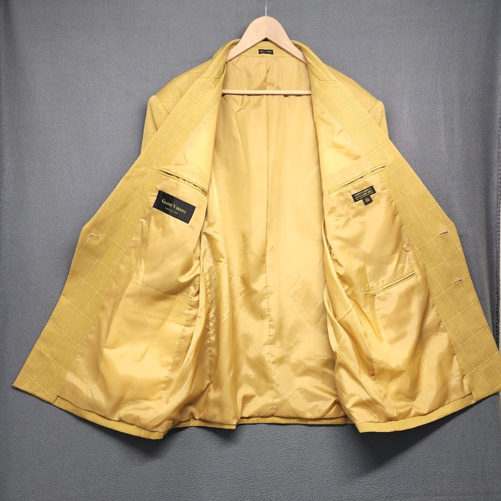 Doublet Gianni Vironi Mens Yellow Suit 2 Piece Windowpane Double Breasted Pleated Cuffed 42L 33W Men Size 42R - 5 Thumbnail