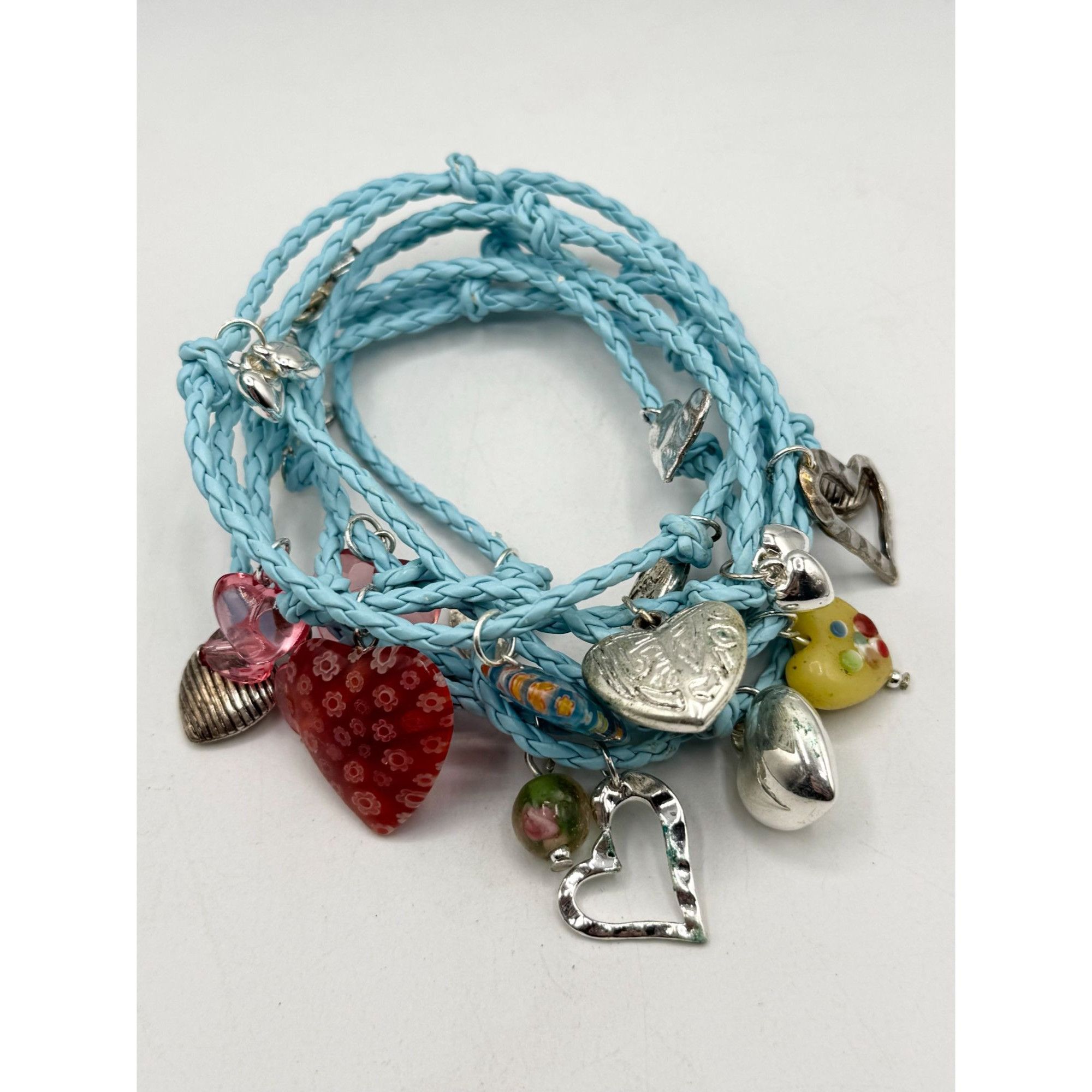 Other Blue braided leatherette Murano Art glass heart charm wrap b Size ONE SIZE - 3 Thumbnail