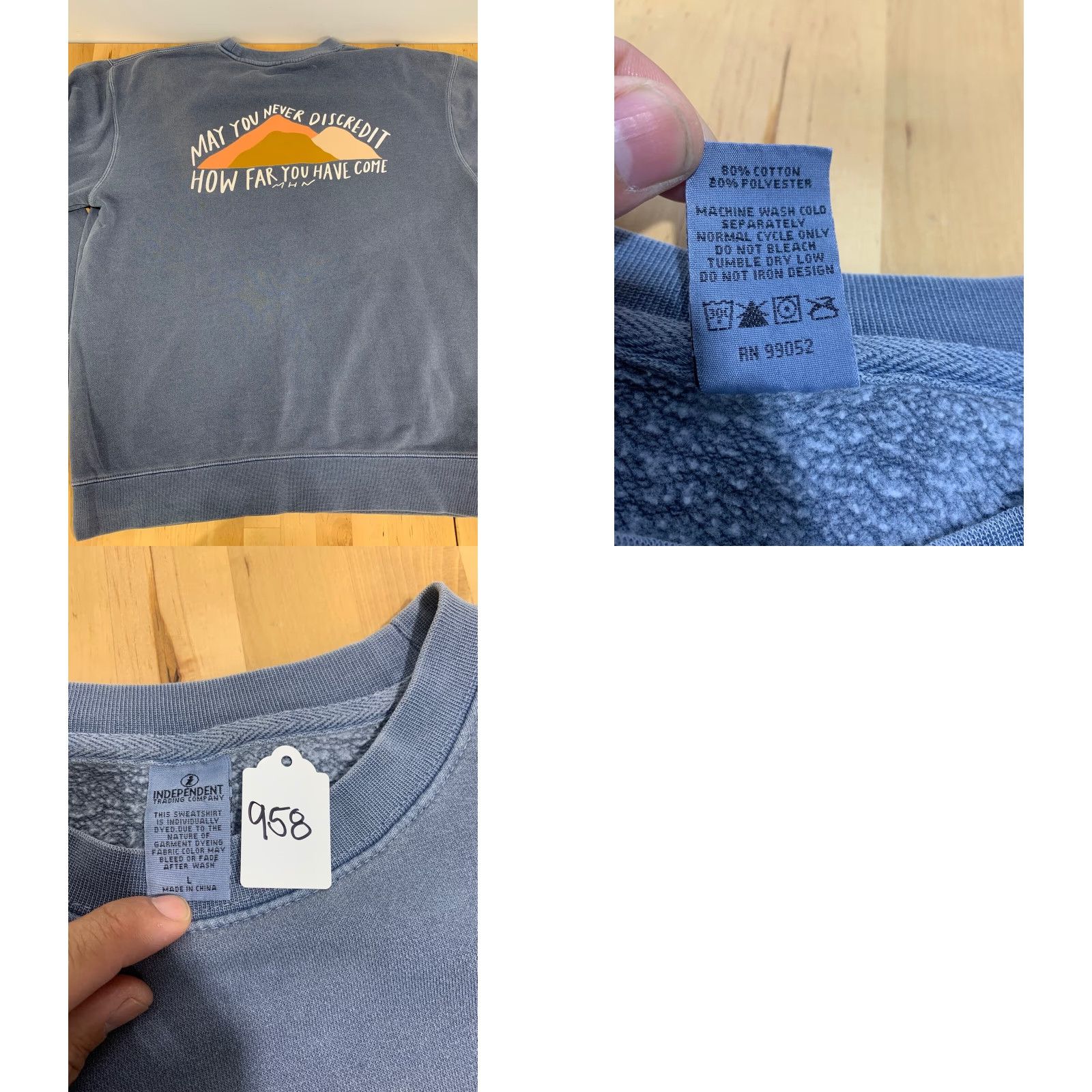 Vintage Independent Trading Company Pullover Sweatshirt Men L Blue Crew Neck Logo Solid Travel All Seasons Cotton Blend Size US L / EU 52-54 / 3 - 8 Thumbnail
