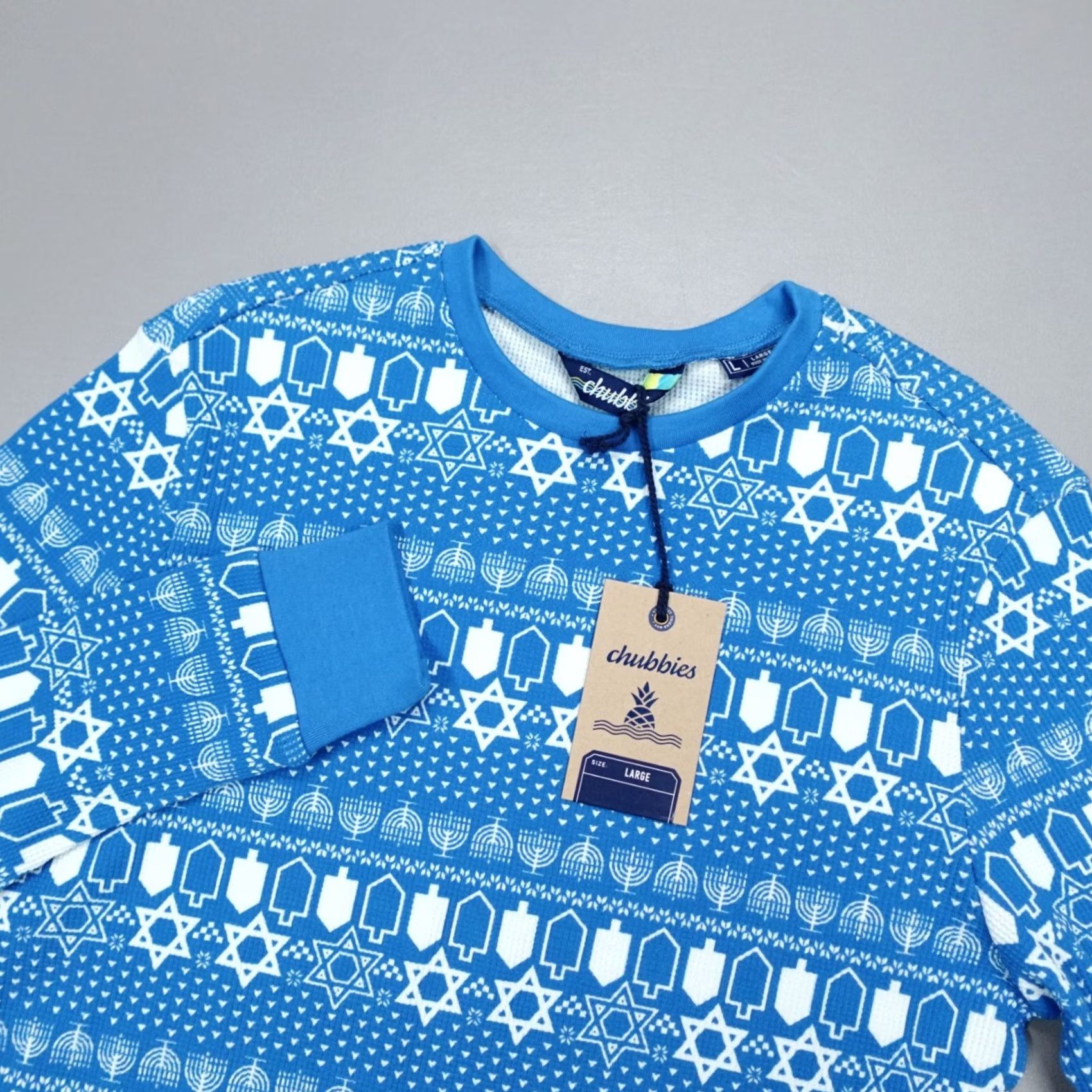 Chubbies Chubbies Pajama Top Shirt Mens L Blue Long Sleeve Crew Neck Waffle Funukkah Hanukkah Slim Fit Holiday Winter Geometric Pattern Size US L / EU 52-54 / 3 - 2 Thumbnail
