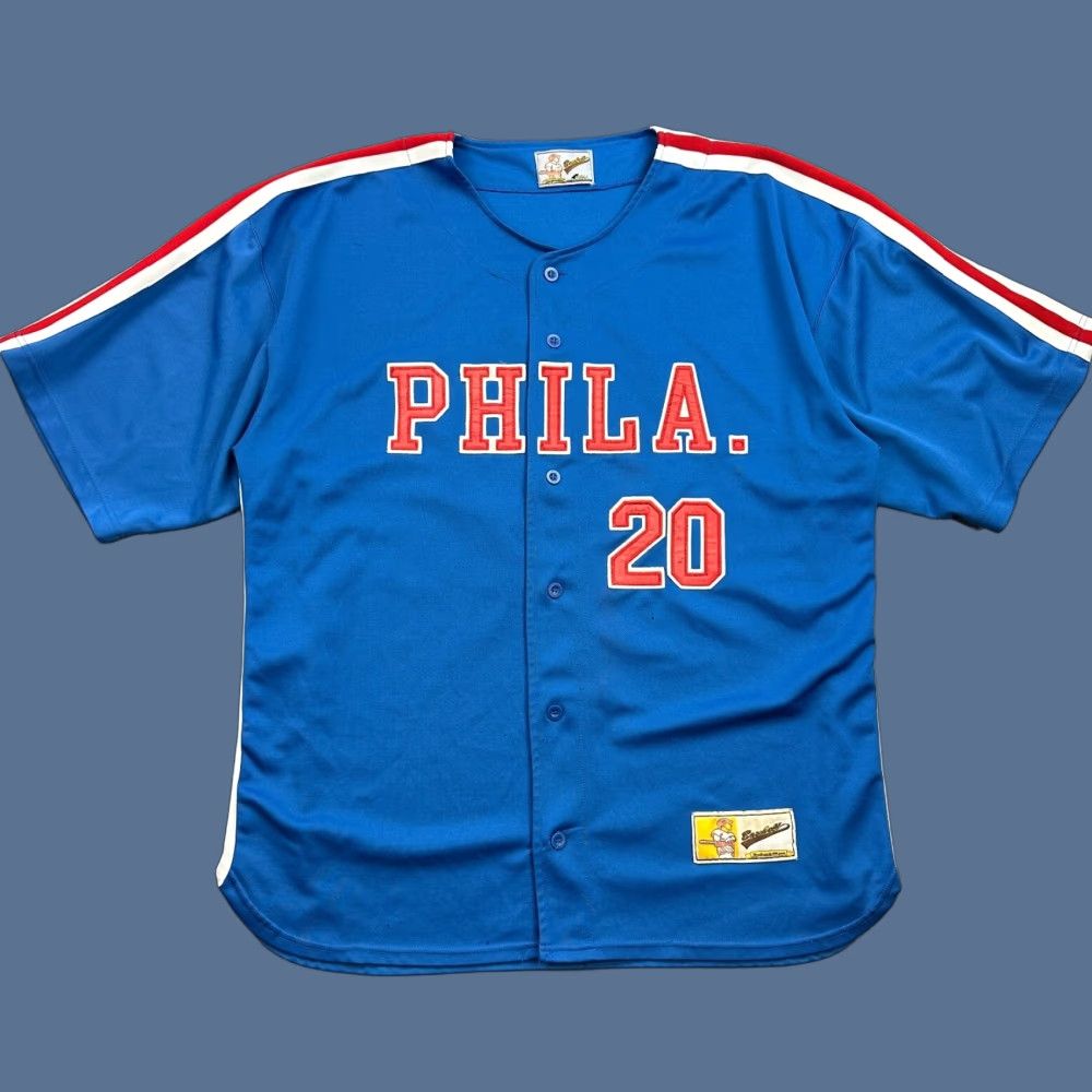 Vintage VINTAGE 4Real Baseball Jersey Mens 2XL Blue Philadelphia #20 Hip Hop Y2K Shirt Baseball Mens 2XL Blue Philadelphia Hip Hop 80s 90s Retro Family Size US XXL / EU 58 / 5 - 1 Thumbnail