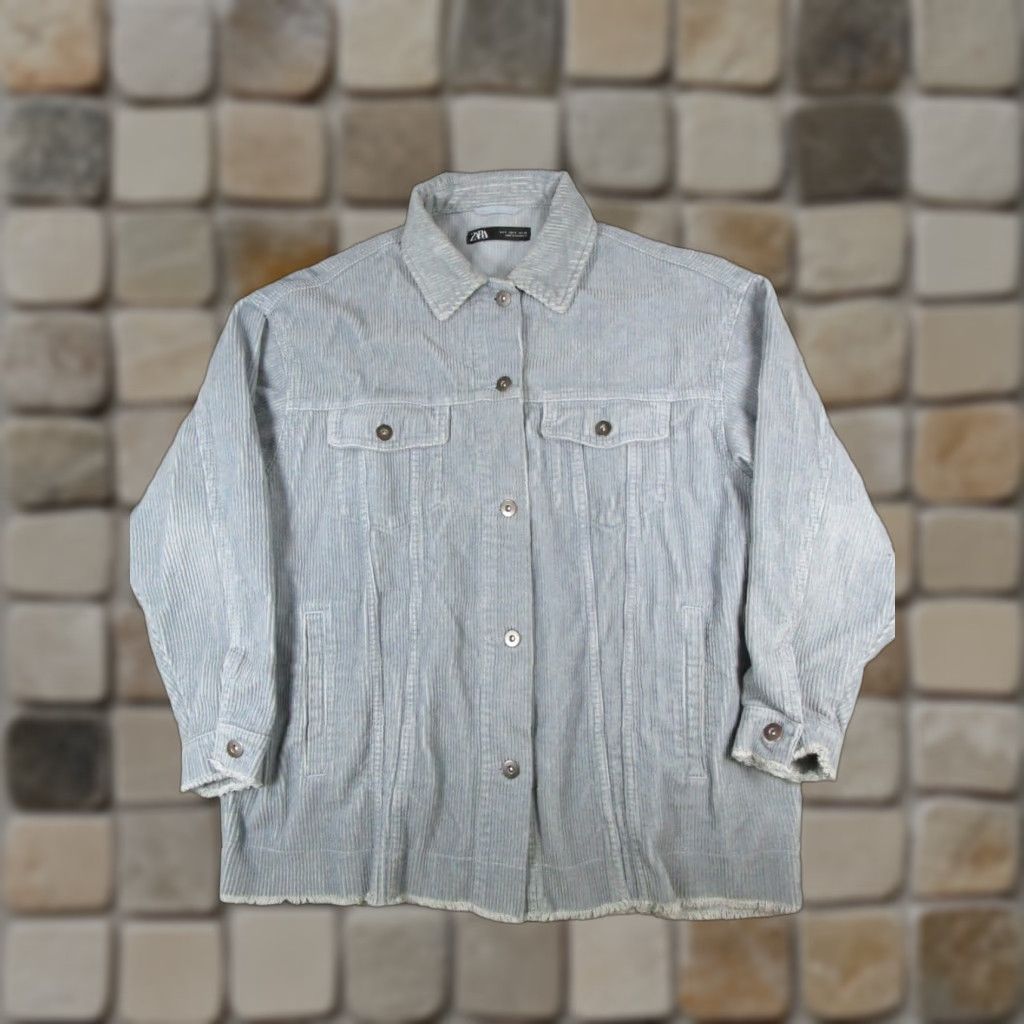 Zara Zara Shirt Womens Small Blue Cotton Corduroy Pleated Button Up Size S / US 4 / IT 40 - 1 Thumbnail