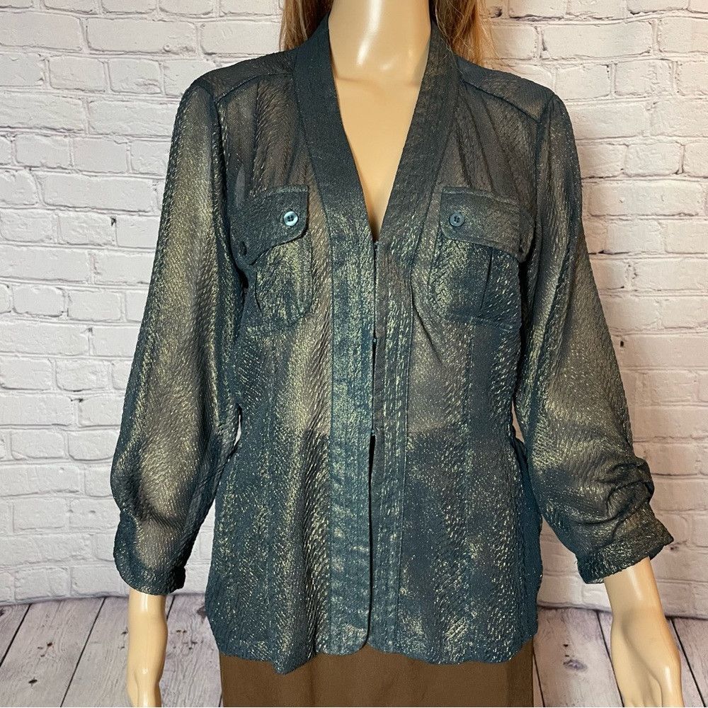 Chicos New Chico's Sheer Dark Green Metallic Lightweight Jacket Si Size S / US 4 / IT 40 - 2 Thumbnail