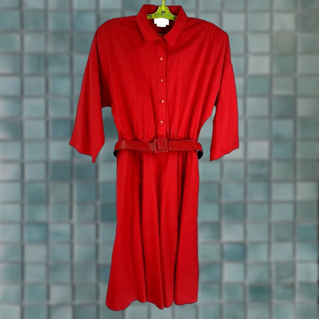 Vintage VINTAGE American Creations Shirt Dress Womens Size 14 Red Belted 3/4 Sleeve Collared Business Casual Made in USA Size XL / US 12-14 / IT 48-50 - 1 Thumbnail