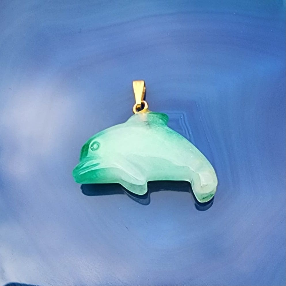 image of Vintage Polished Jadeite Etched Dolphin Pendant Charm in Green, Women's