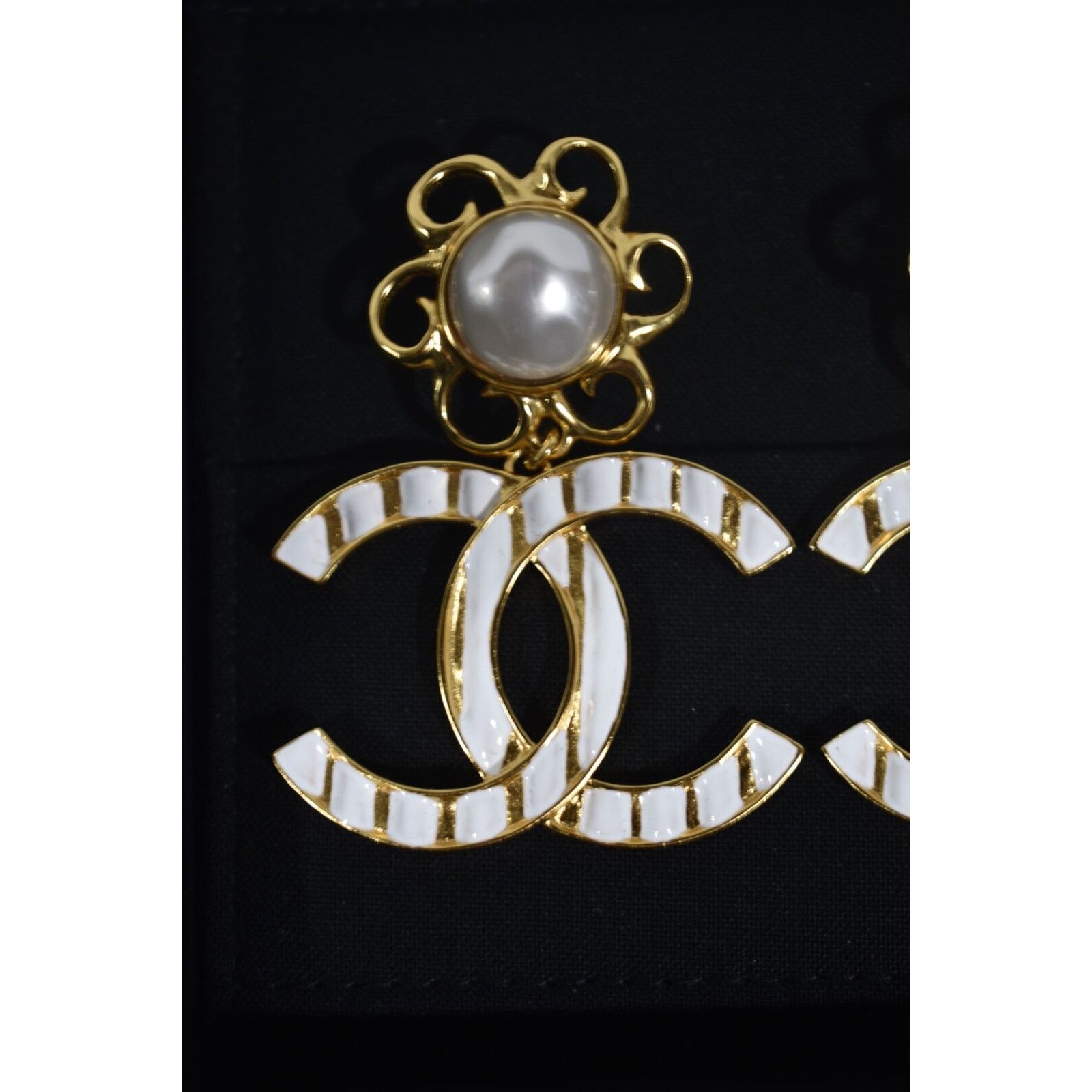 Chanel Chanel Gold White Stripe Dangle Drop Statement Earrings Size ONE SIZE - 3 Thumbnail