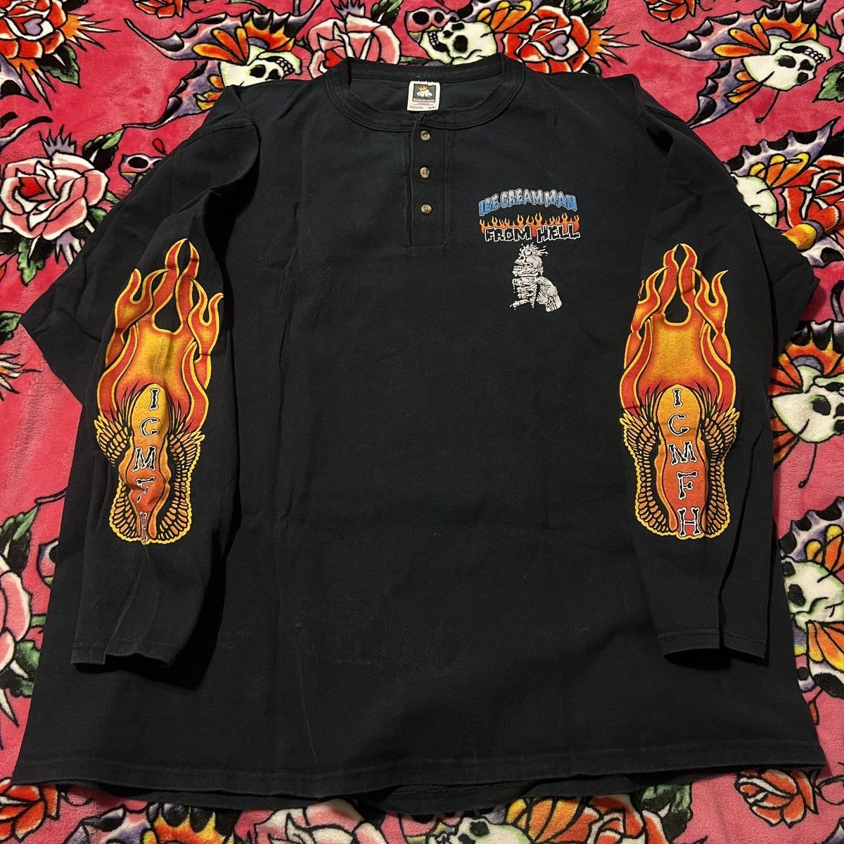 Harley Davidson 1995 Biker Flame Long Sleeve Henley Ice cream man from hell Size US XXL / EU 58 / 5 - 1 Thumbnail