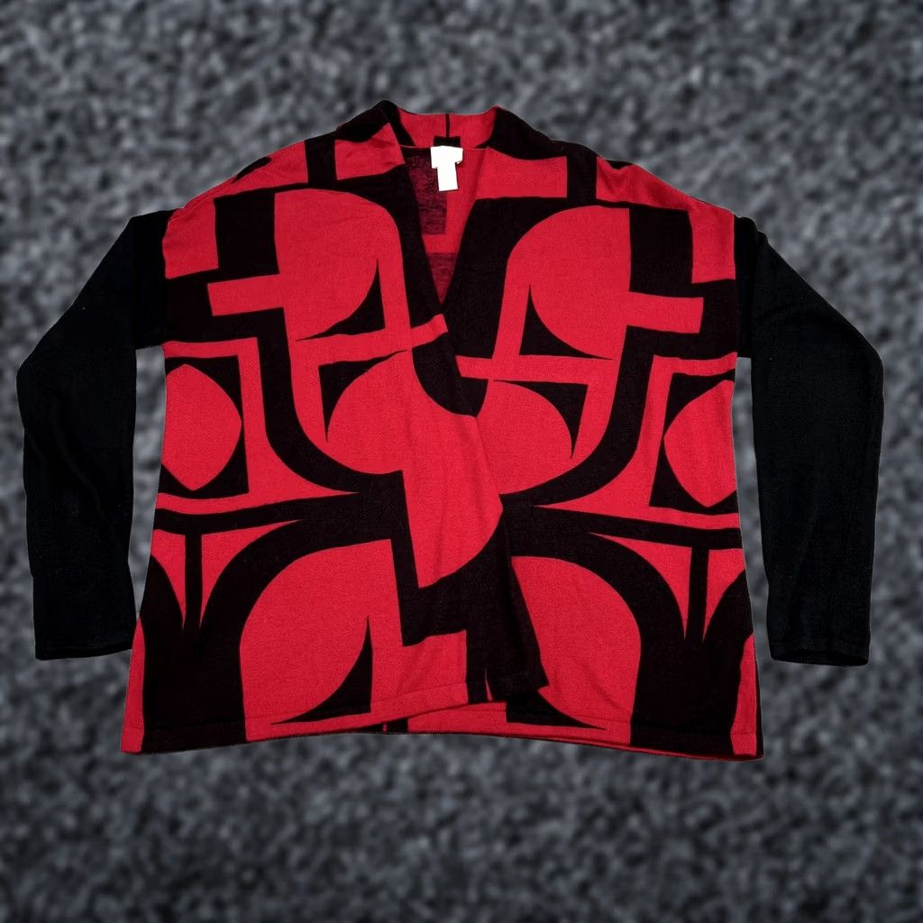 Vintage Chicos Cardigan Sweater Womens 1 Red Black Geometric Print Open Front Knit Prep Size XS / US 0-2 / IT 36-38 - 1 Thumbnail