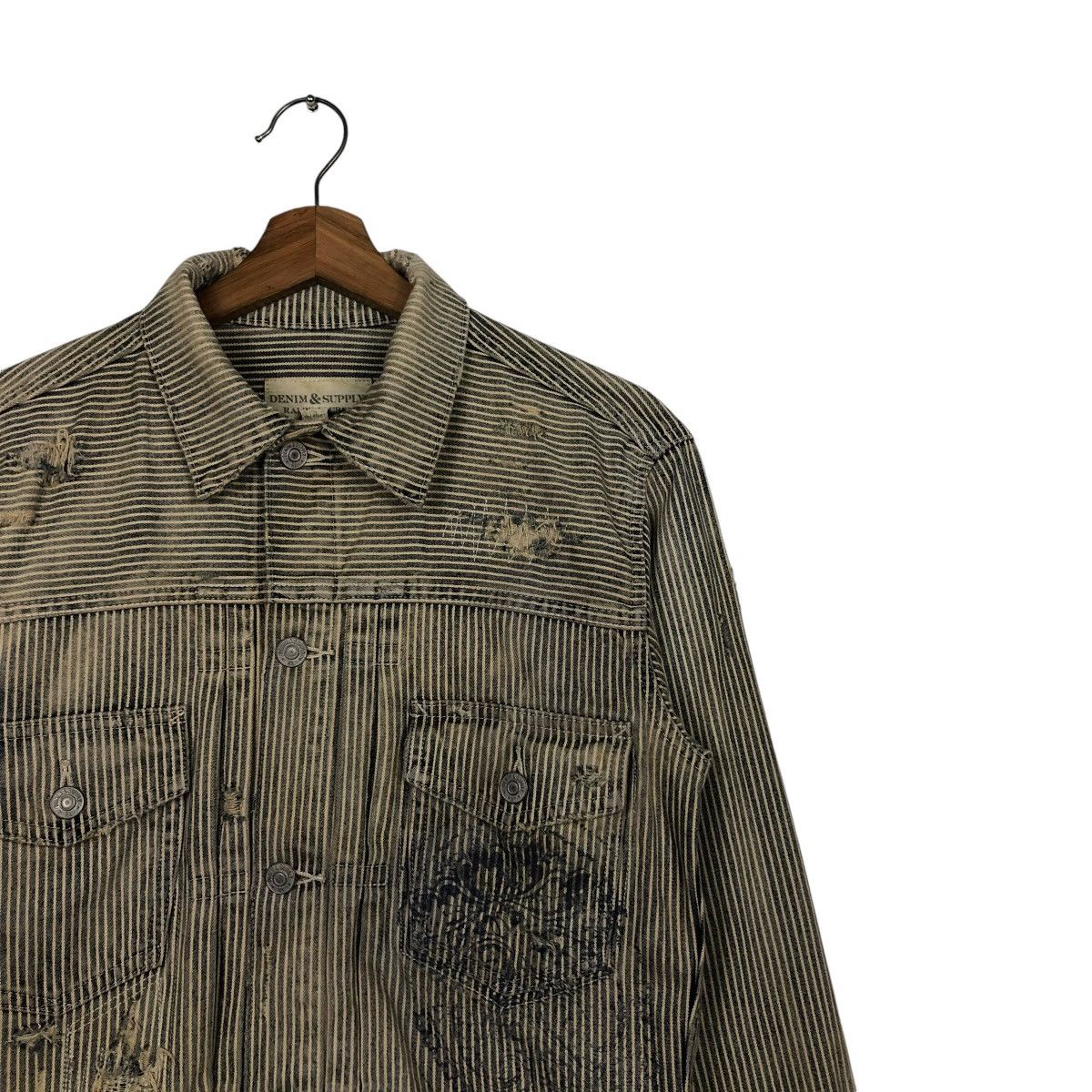 Ralph Lauren 🔥VINTAGE CROPPED BIKER JACKET HICKORY CHORE DENIM & SUPPPLY Size US XS / EU 42 / 0 - 8 Thumbnail