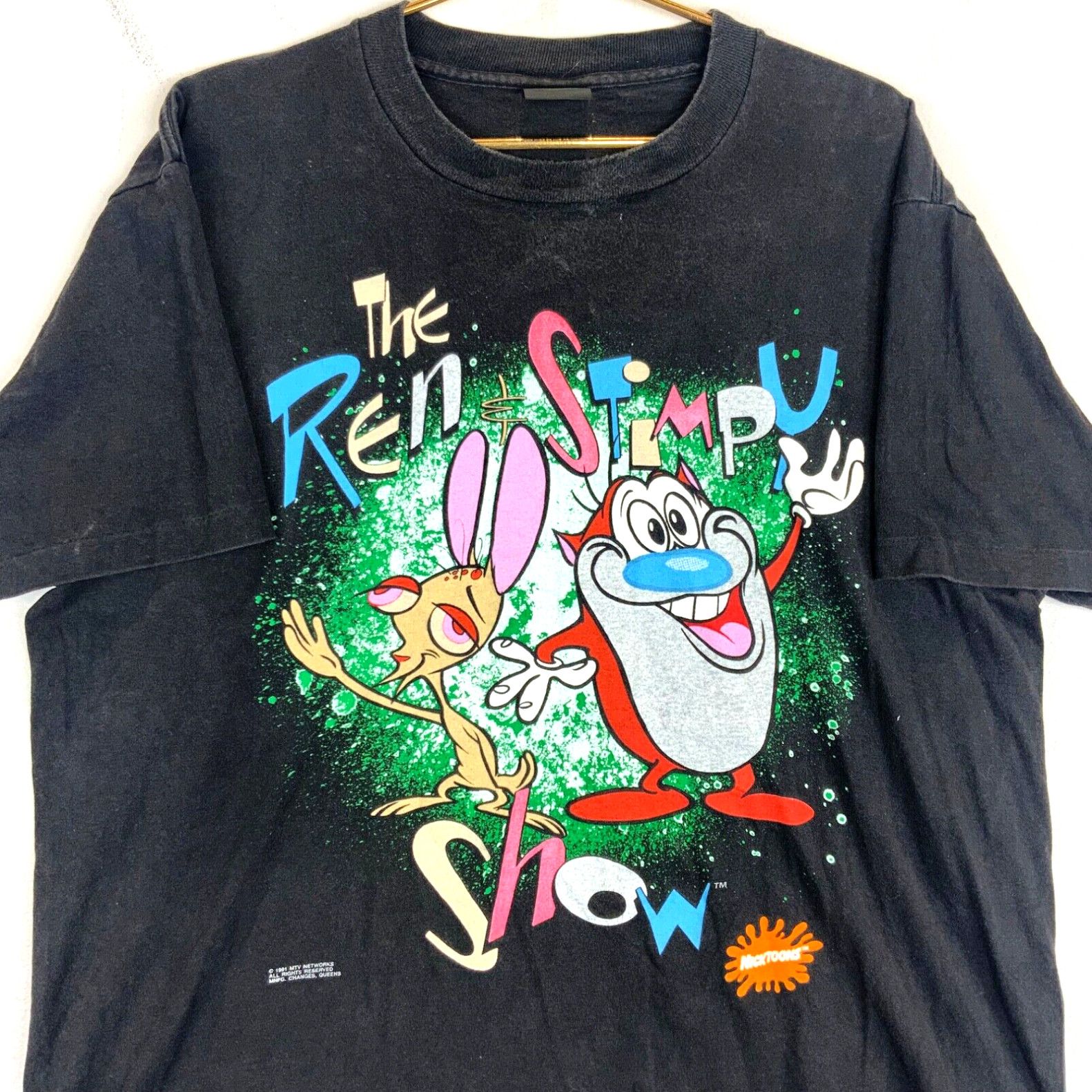 image of Vintage The Ren & Stimpy Changes T-Shirt Size XL 1991 Black Single Stitch in White, Men's