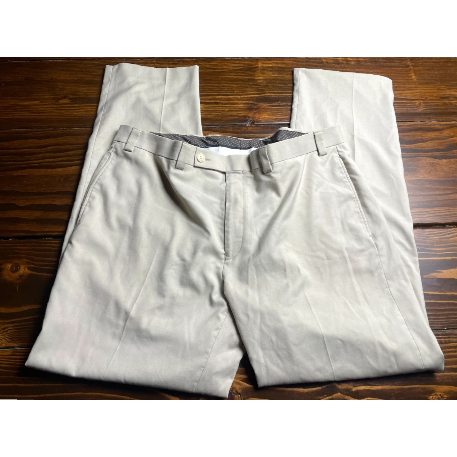 Calvin Klein Calvin Klein Pants Men's 38x32 Tan Dress Pants Regular Flat Front Pockets - Workwear, Business, Casual - 38x32, Polyester Rayon Size US 38 / EU 54 - 2 Thumbnail