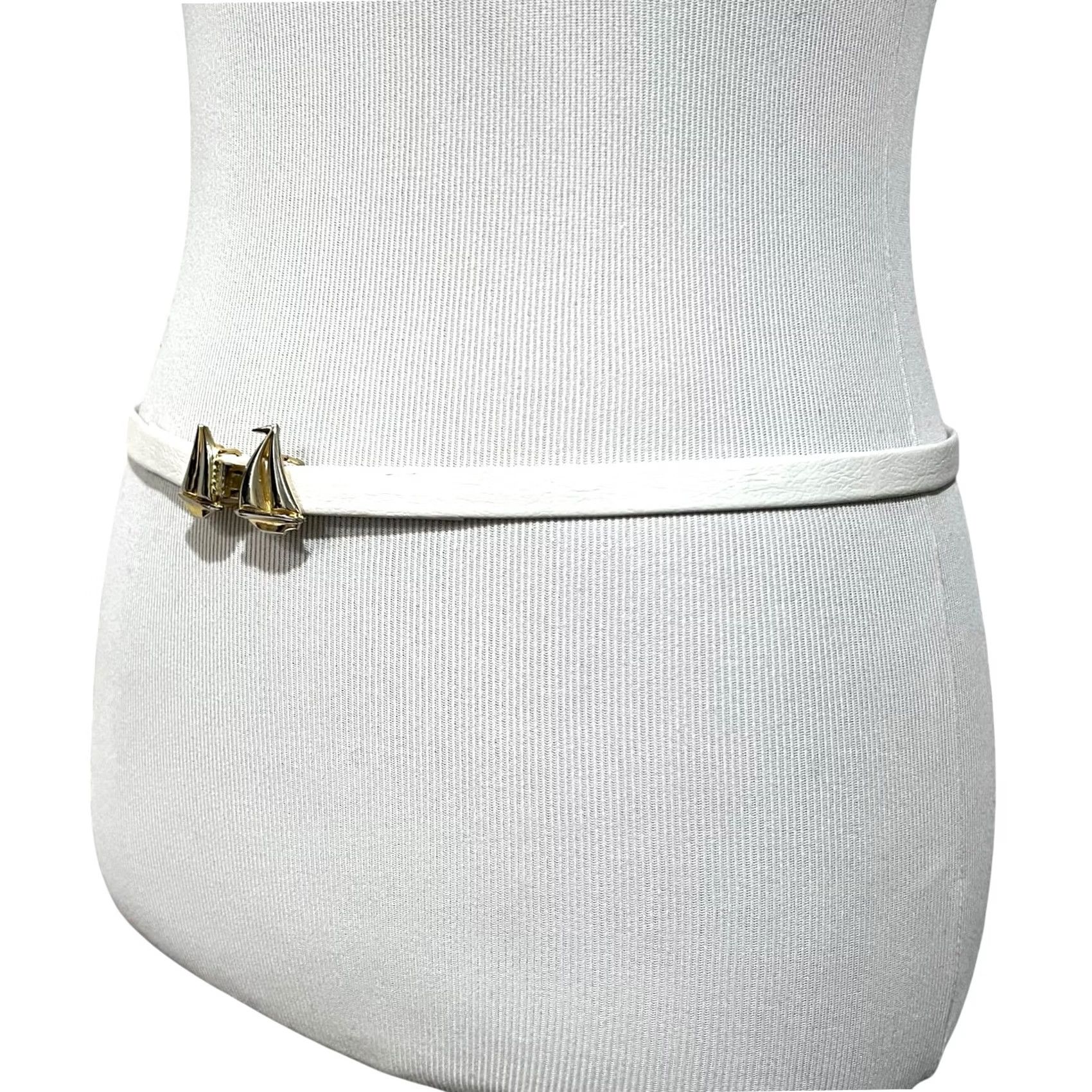 Vintage Sailboat Womens Belt Skinny White Gold Tone Boat Buckle Nautical Adjustable Size ONE SIZE - 3 Thumbnail