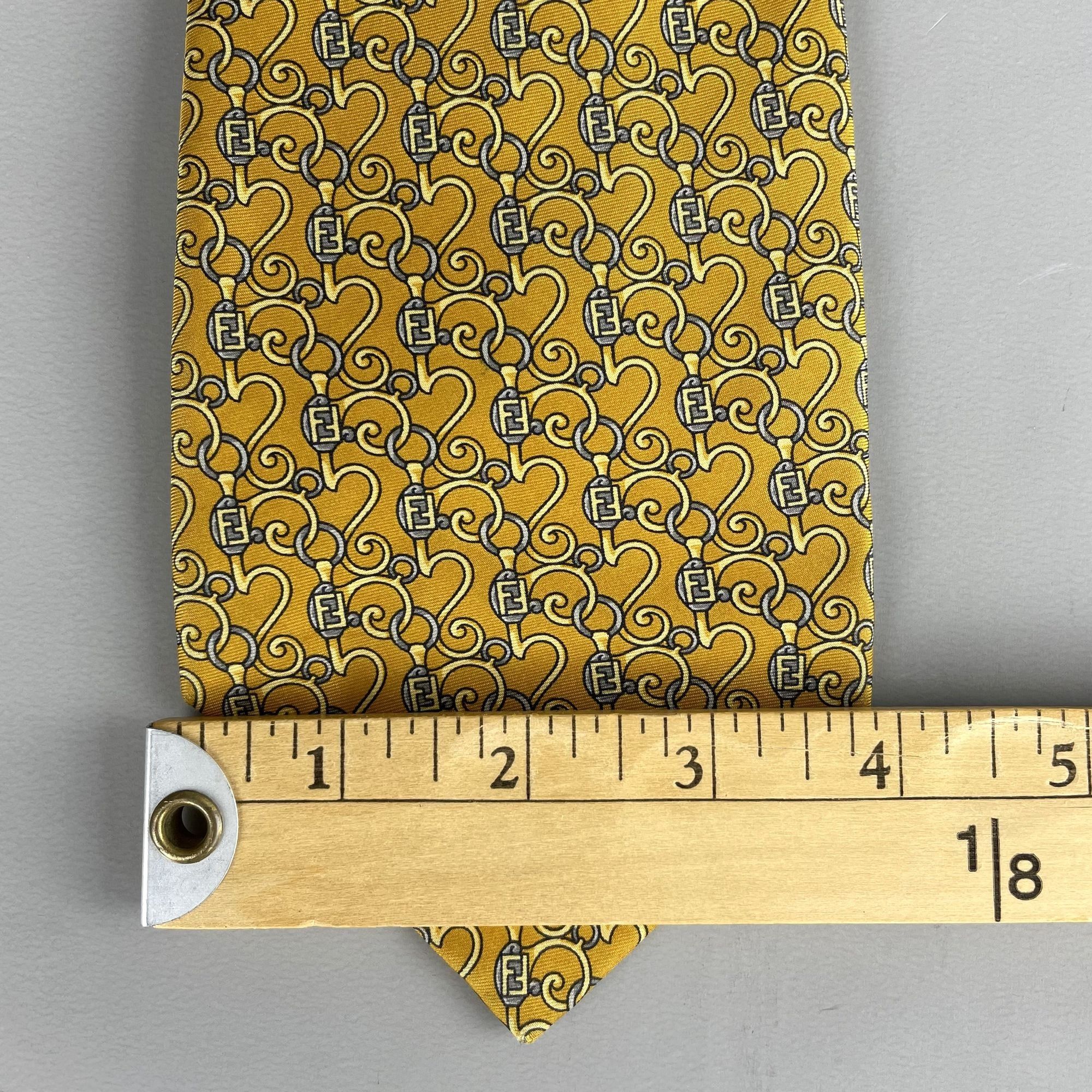 Fendi Fendi Monogram Scroll Pattern Gold & Gray Silk Tie Size ONE SIZE - 9 Thumbnail