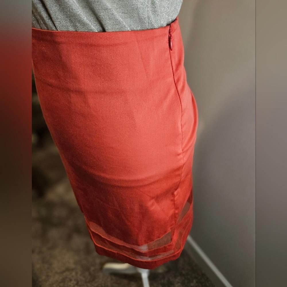 Designer BelloGante High-Waisted Coral Pencil Skirt with Sheer Strips Size 32" / US 10 / IT 46 - 4 Thumbnail