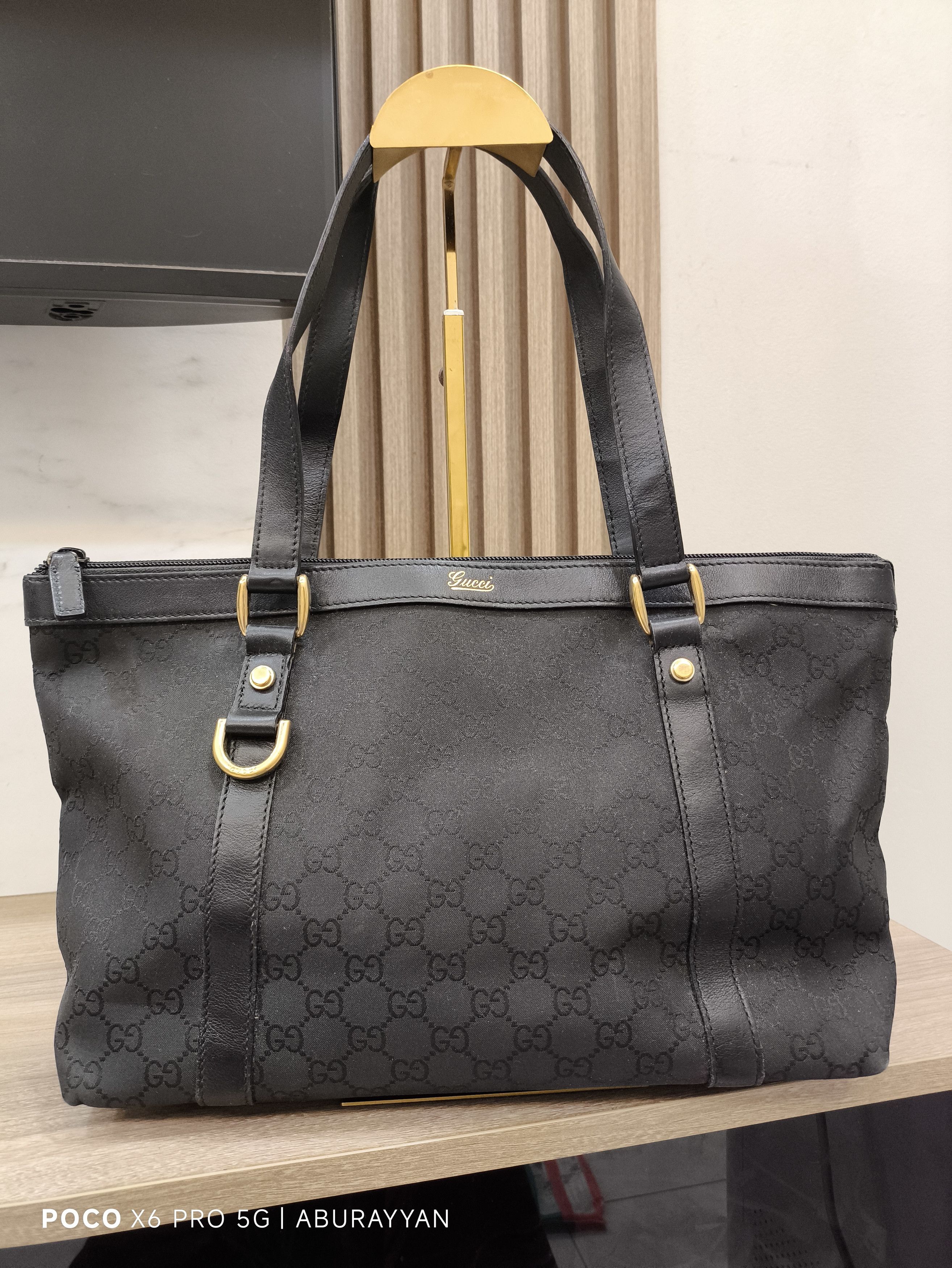 Gucci Gucci Black GG Canvas Leather Medium Tote Bag Size ONE SIZE - 1 Thumbnail