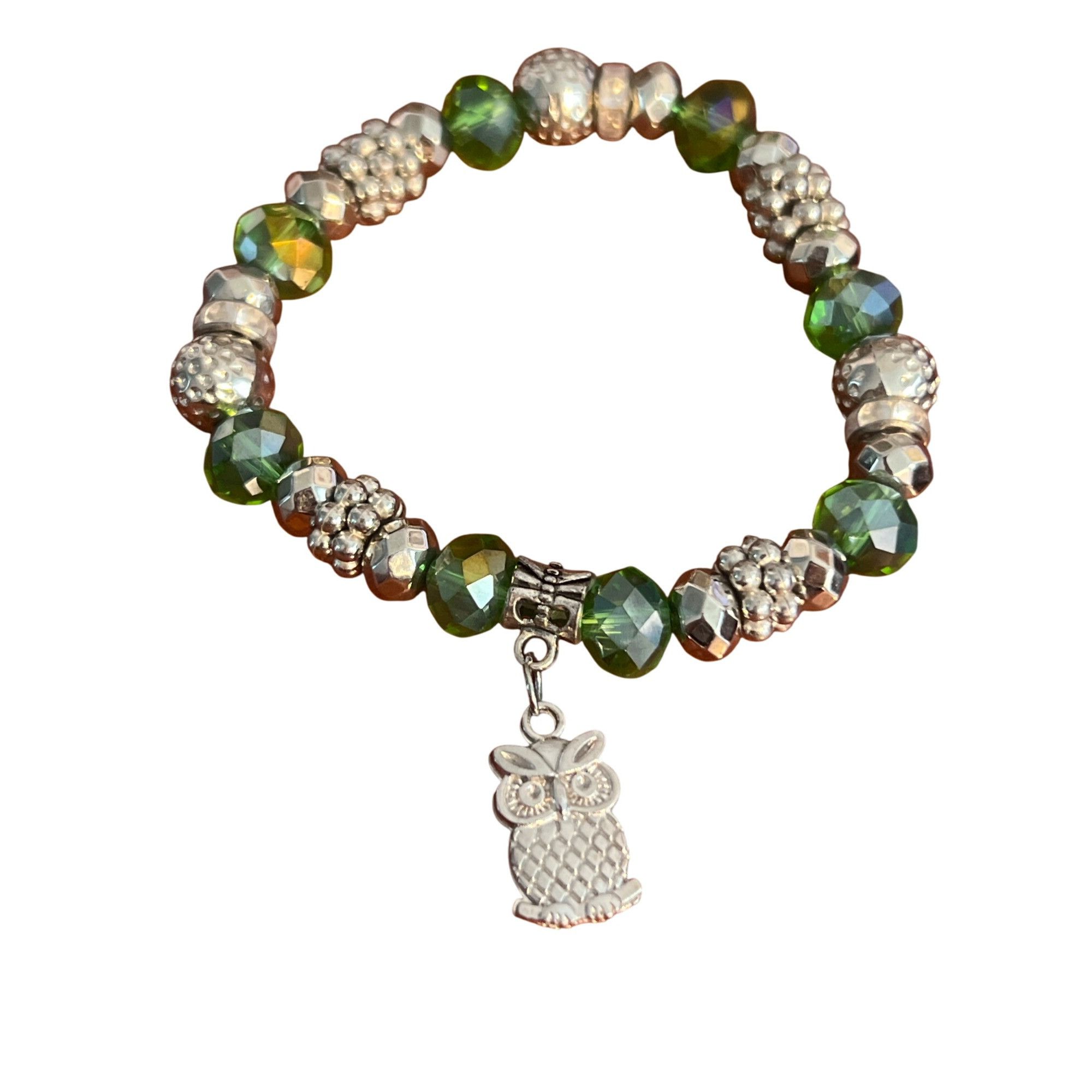 Other Silver Tone Green Faceted Glass Bead Stretch Bracelet Owl Ch Size ONE SIZE - 1 Thumbnail