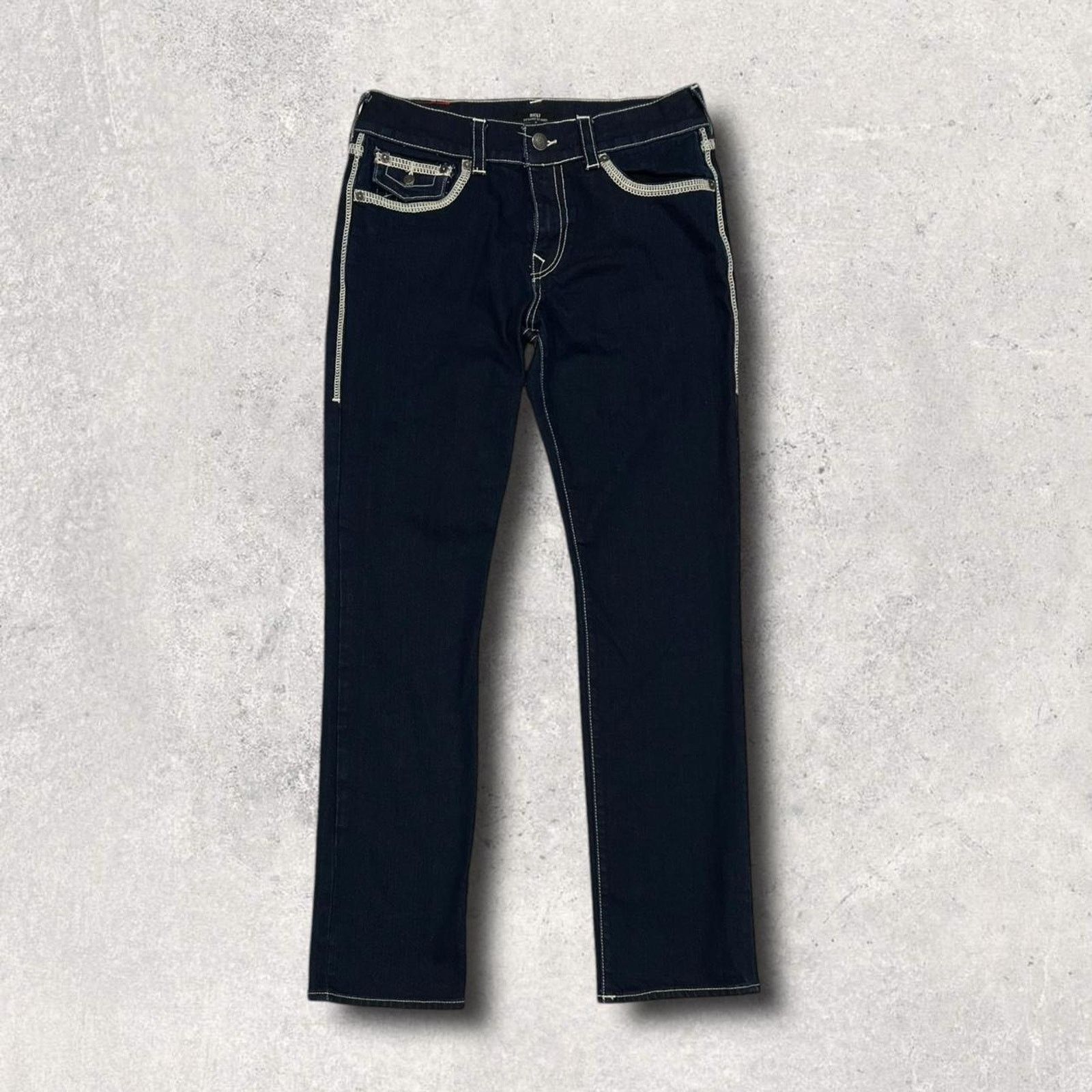 True Religion True Religion (Ricky) Dark Straight-Leg Jeans White Stitch Size US 33 - 3 Thumbnail