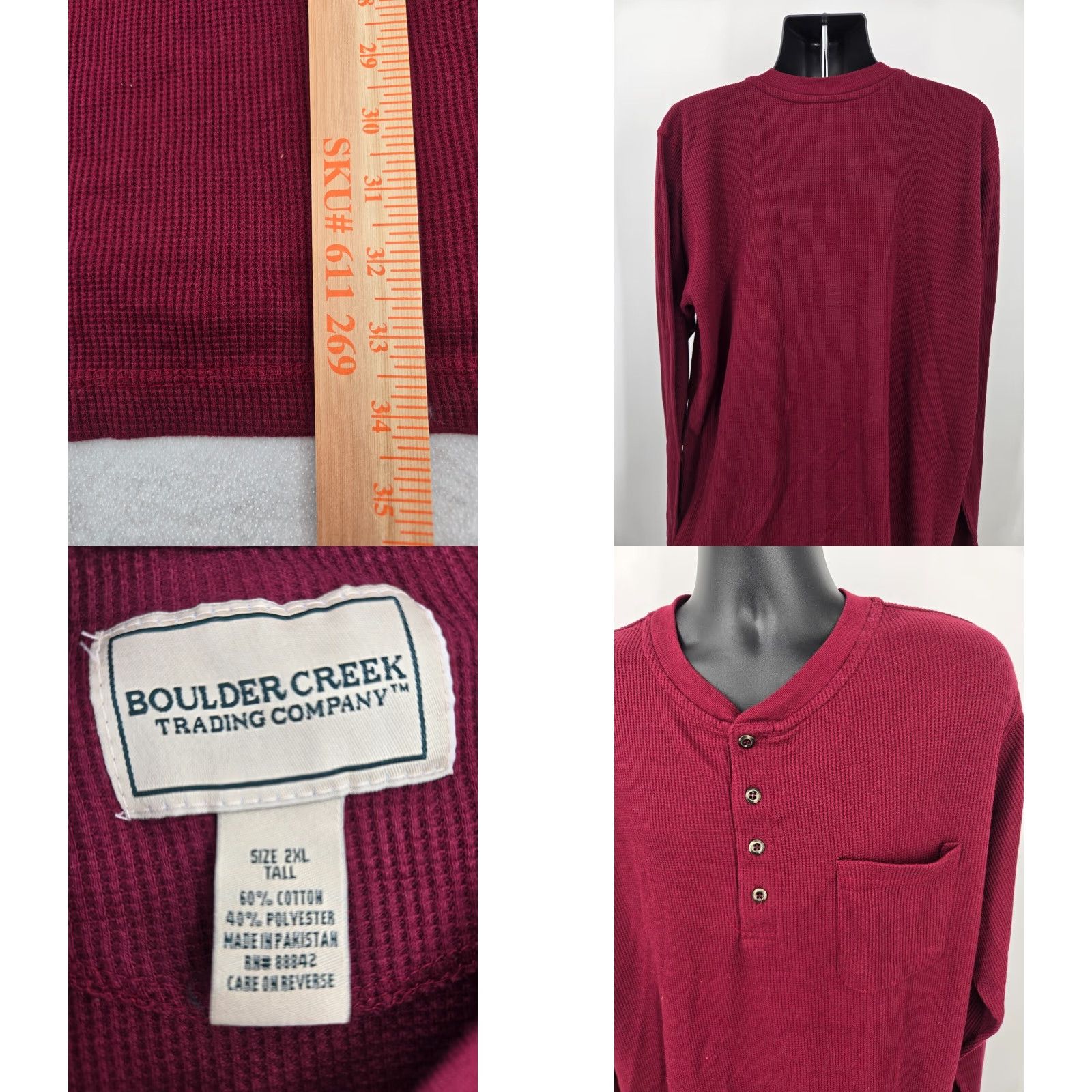 Vintage Boulder Creek Henley Shirt 2XLT Red Thermal Pocket Long Sleeve Outdoor Men Size US XXL / EU 58 / 5 - 8 Thumbnail
