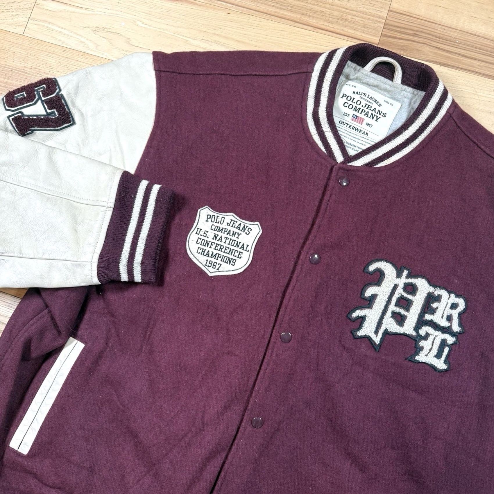 Champion VINTAGE Polo Ralph Lauren Leather Varsity Jacket Mens 3XL Burgundy Red 1967 Jeans Style Varsity 1960s 3XL Mens Leather Jacket Size US XXL / EU 58 / 5 - 2 Thumbnail