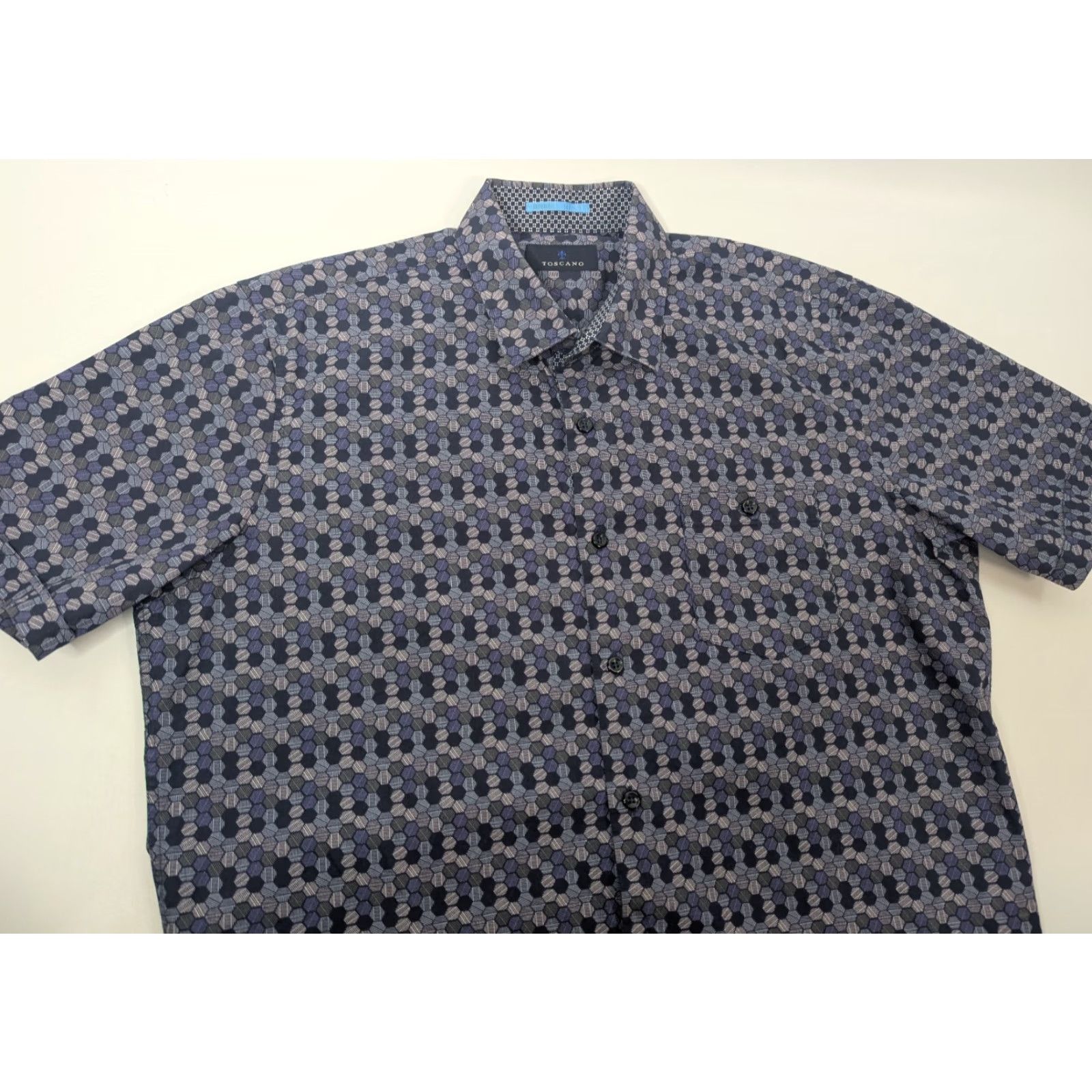 Vintage Toscano Shirt Mens Large Purple Print Short Sleeve Button Down Cotton Hexagon Size US L / EU 52-54 / 3 - 2 Thumbnail