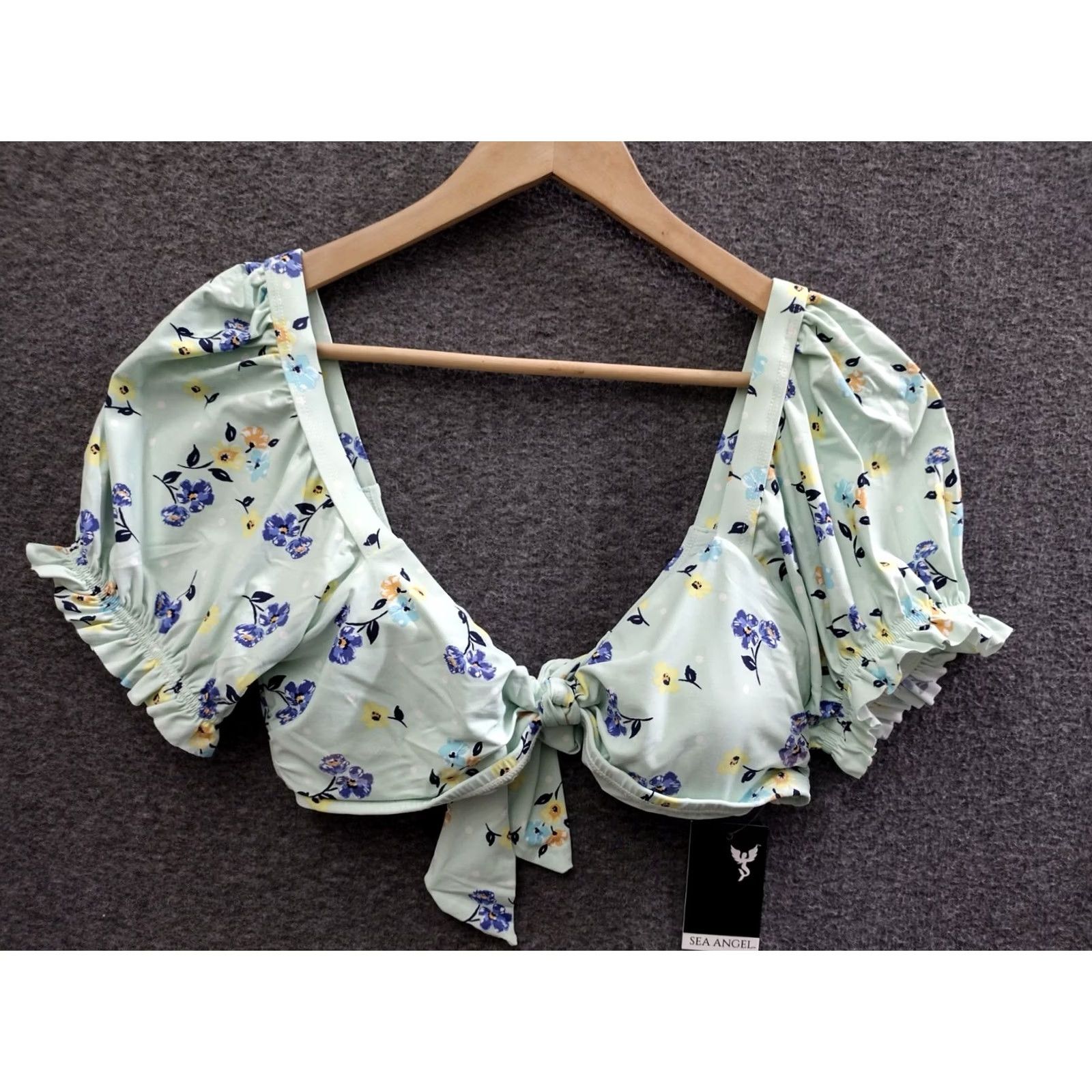 Vintage Sea Angel Flower Print Puffed Sleeve Bikini Top Women L Floral Print Beach Pattern Tie-Front Removable Pads Size L / US 10 / IT 46 - 2 Thumbnail