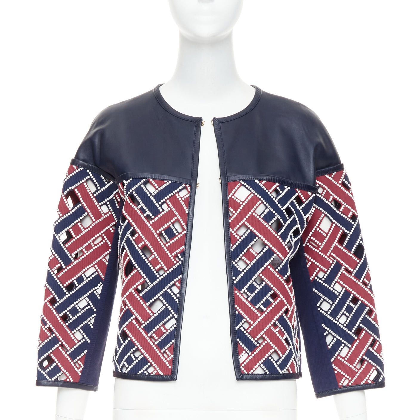 Louis Vuitton LOUIS VUITTON 2012 Runway navy red sequinned cut out woven leather jacket FR36 S Size S / US 4 / IT 40 - 1 Thumbnail