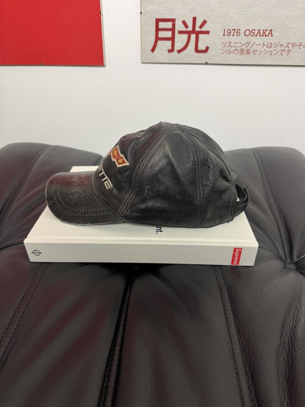 Leather Corvette Vintage 90s Black Racing Leather Hat Washed Rare Size ONE SIZE - 2 Thumbnail