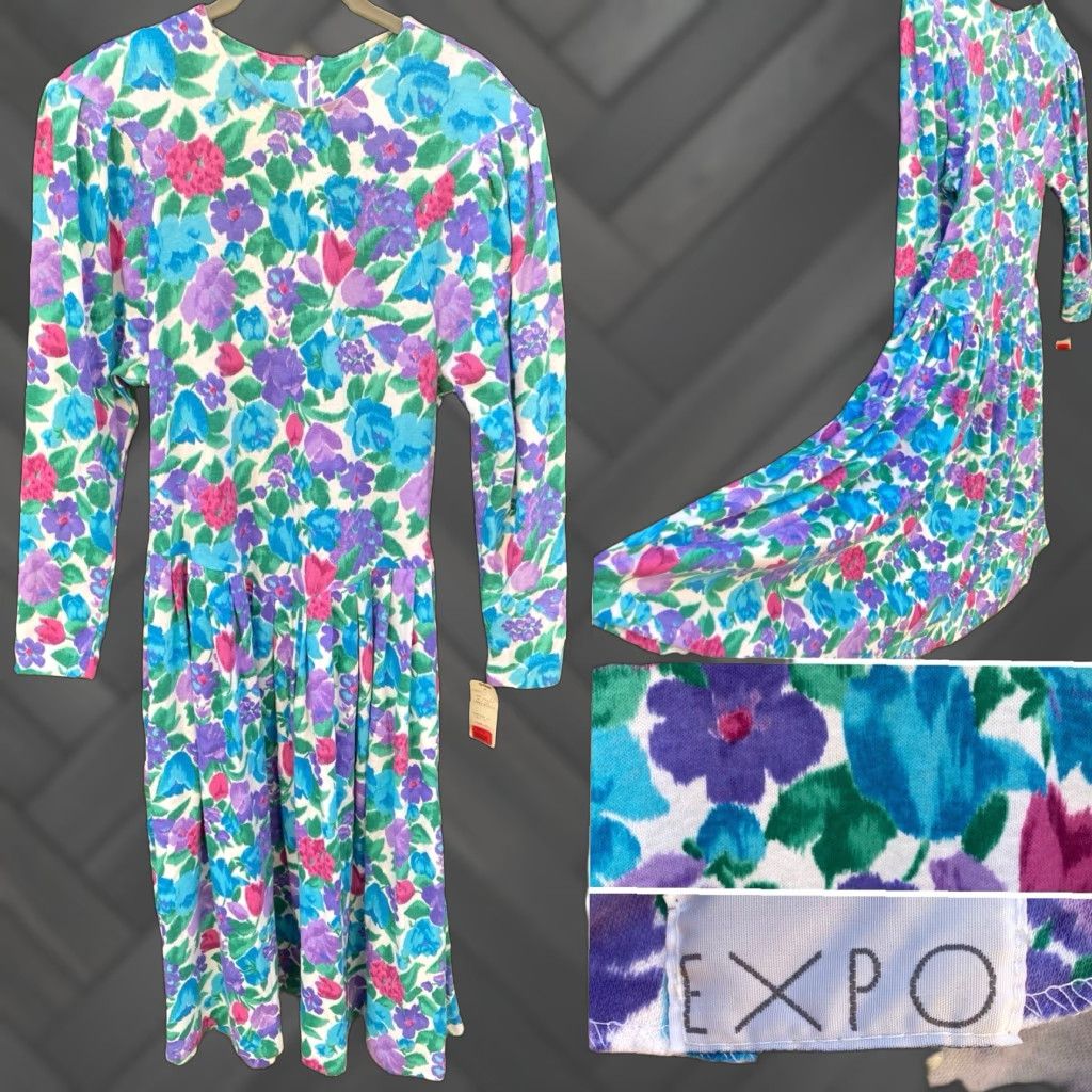 Vintage VINTAGE Expo Dress Long Sleeve Original Tag Floral Size 10 80s 90s Size L / US 10 / IT 46 - 1 Thumbnail
