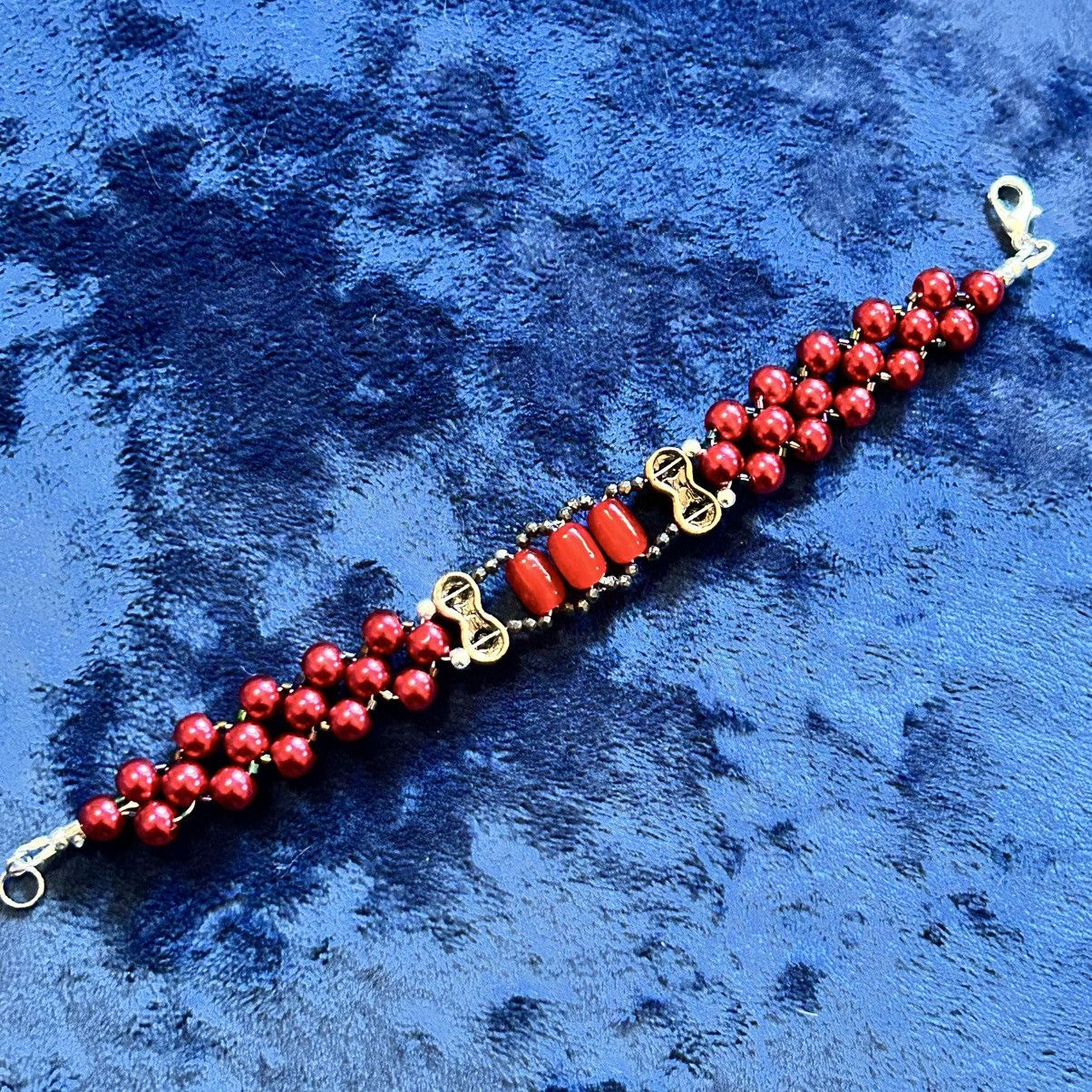 Handmade Handcrafted ruby red Czech glass pearl cat eye bracelet Size ONE SIZE - 8 Thumbnail