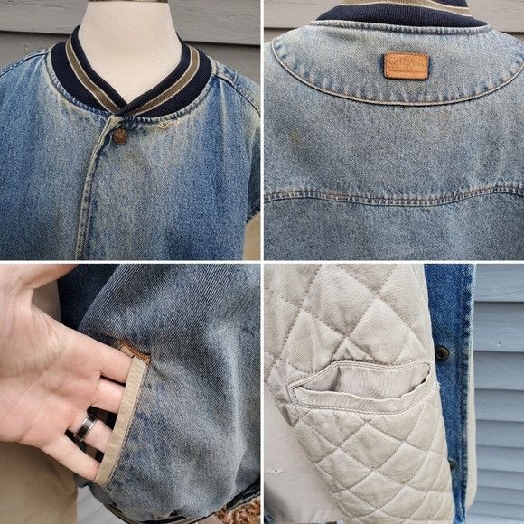 Vintage Vintage 90s y2k Varsity 2 Tone Blue Jean Tan Denim Bomber Size US L / EU 52-54 / 3 - 4 Thumbnail