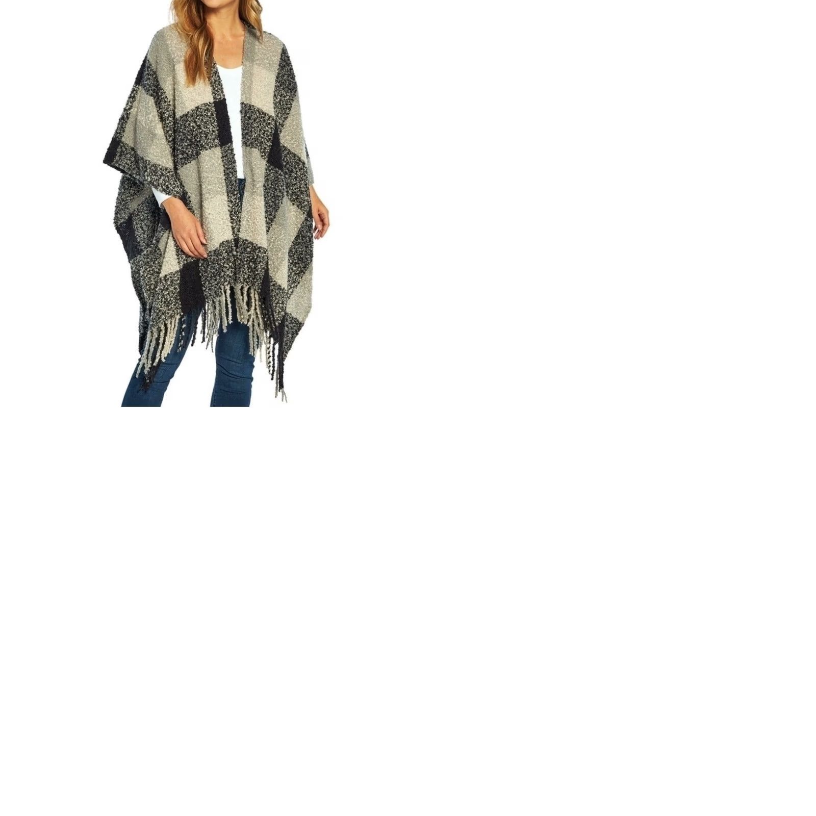 Vintage Woolrich Amalia Blanket Wrap Poncho Shawl Black Grey Plaid Fringe OSFM HLM0235S Cozy Size ONE SIZE - 9 Thumbnail
