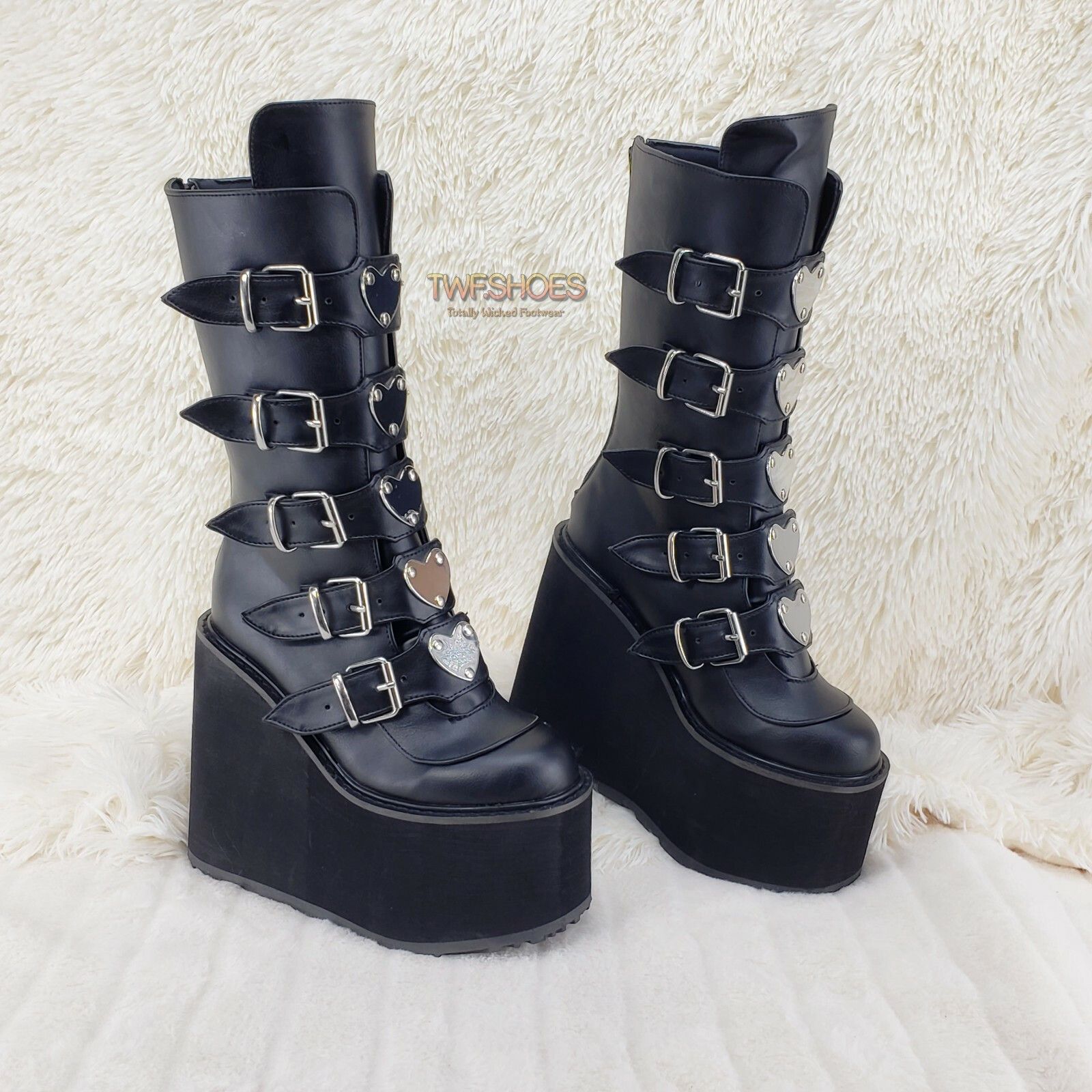 Demonia Cult DEMONIA Swing 230 Black Mid Calf Boot 5.5" Platform Heart St Size US 10 / IT 40 - 3 Thumbnail