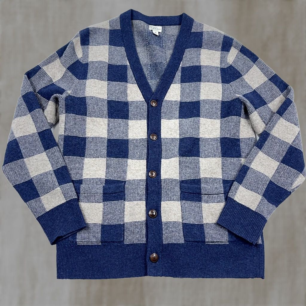 J.Crew J Crew Cardigan Sweater Men Medium Navy Blue Cream Plaid Merino Wool Grandpa Size US M / EU 48-50 / 2 - 1 Thumbnail