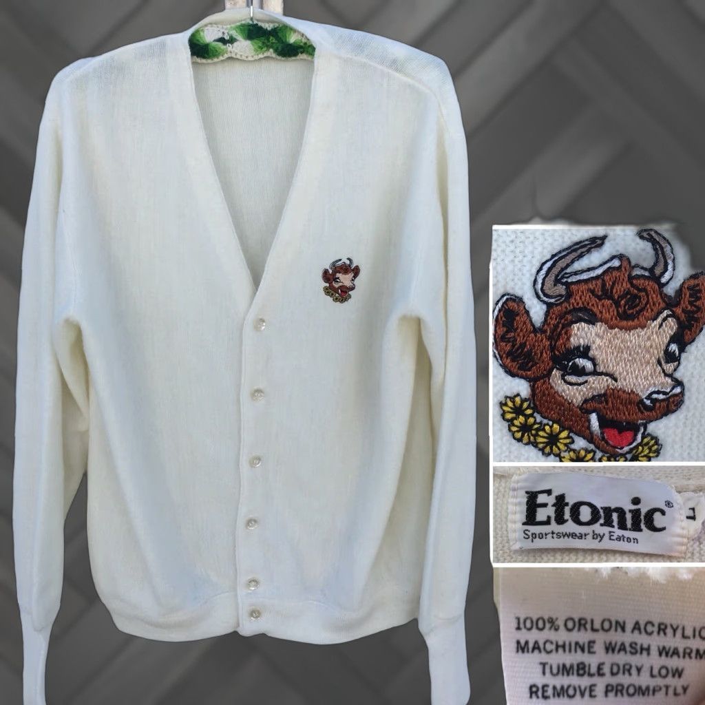 Vintage VINTAGE Elsie The Cow Cardigan Sweater Etonic Sportswear By Eaton Size L Ivory Acrylic Rockabilly Mens Size US L / EU 52-54 / 3 - 1 Thumbnail