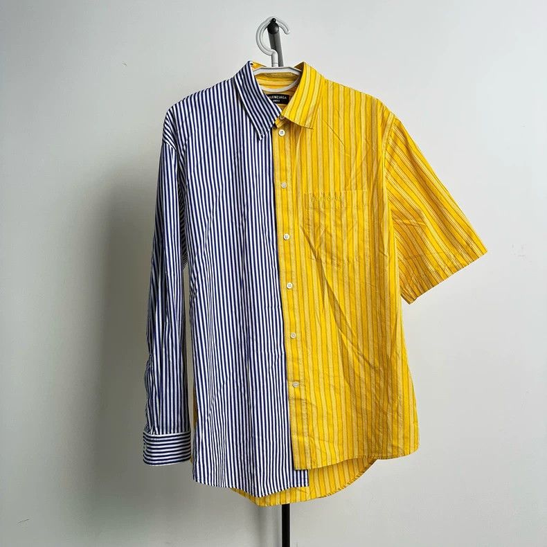 Balenciaga Balenciaga SS21 Asymmetric Stripe Contrast Panel Shirt 2502 Size US S / EU 44-46 / 1 - 1 Thumbnail