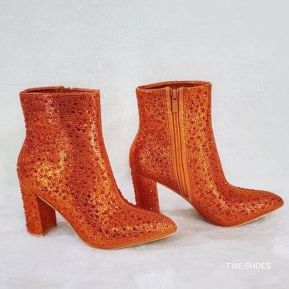 Other Crystel Orange Rhinestone Block Heel Sparkling Ankle Boots ( Size US 5.5 / IT 35.5 - 2 Thumbnail