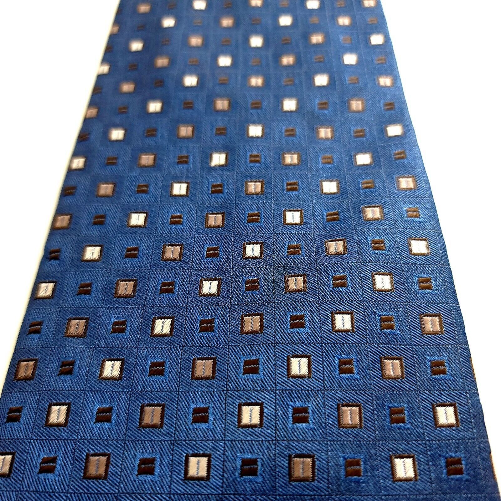 Calvin Klein Calvin Klein Blue Tan Woven Geometric Wide Silk Tie Size ONE SIZE - 2 Thumbnail