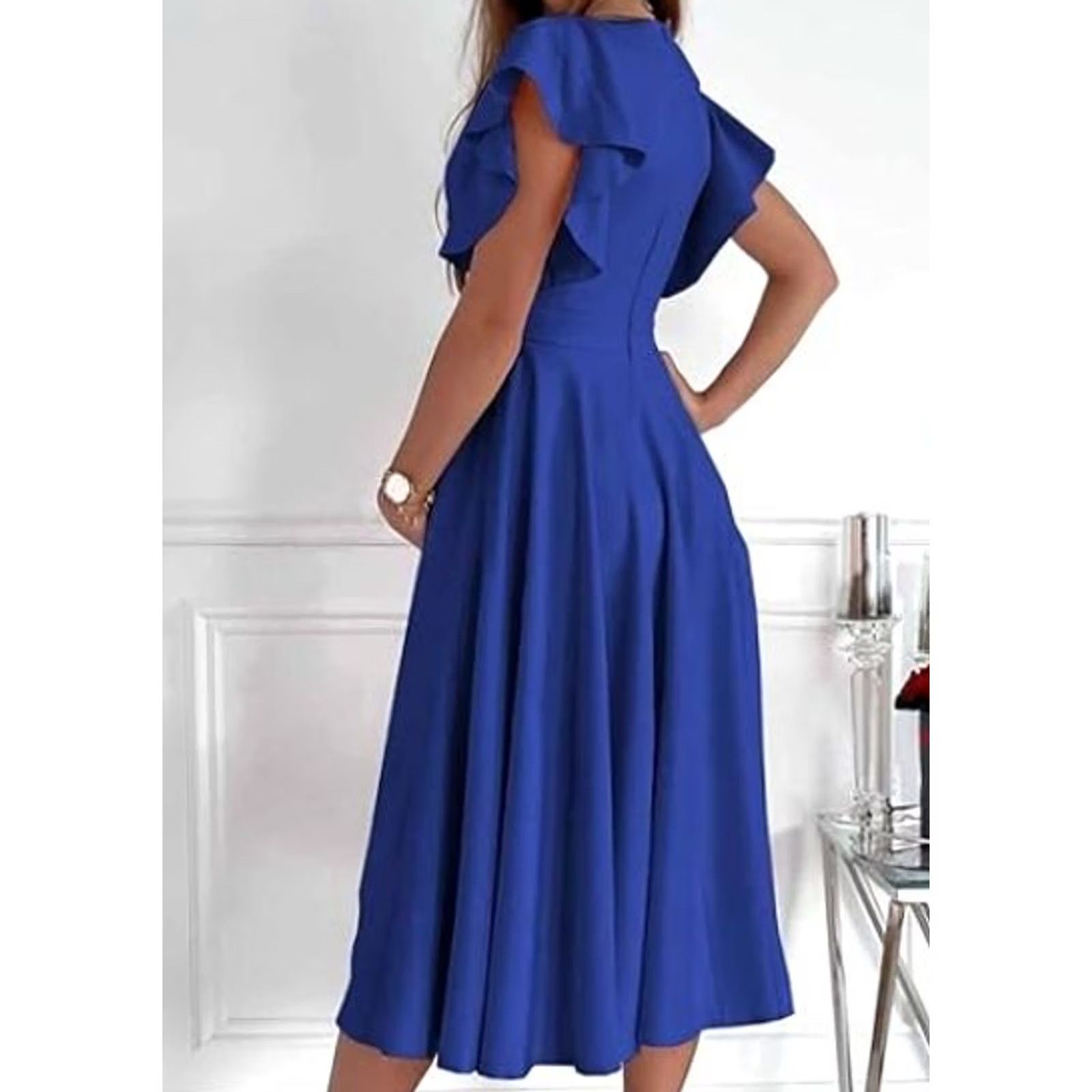 Vintage Dokotoo Women's V Neck Elegant Party Dress Short Sleeve BLUE Dress Sz 2XL Size 40" / US 18 - 2 Thumbnail