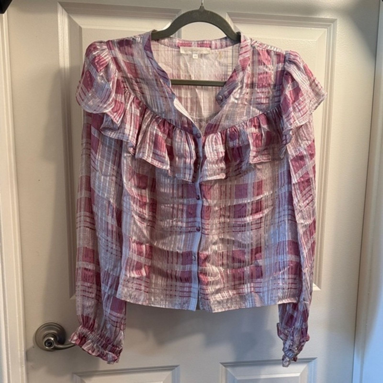 LoveShackFancy LoveShackFancy Pink and White Plaid Ruffle Blouse Size XS / US 0-2 / IT 36-38 - 1 Thumbnail