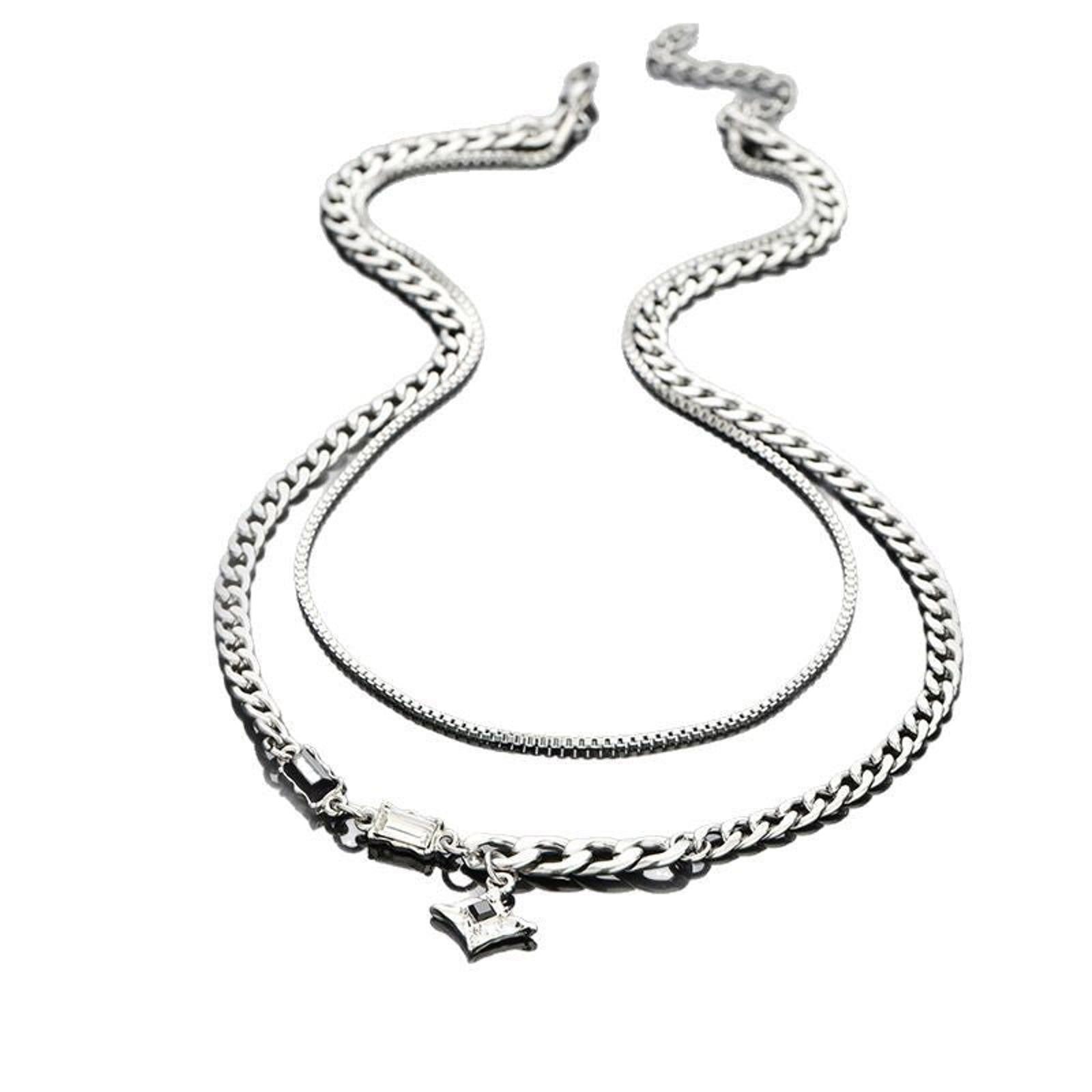 Jewelry Silver Layered Chain Necklace with Black Gem Pendant Size ONE SIZE - 4 Thumbnail