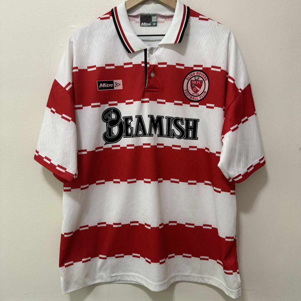 image of Soccer Jersey x Vintage Mitre 1996 Silgo Rovers Beamish Beer Home Jersey in Red/White (Size Large)