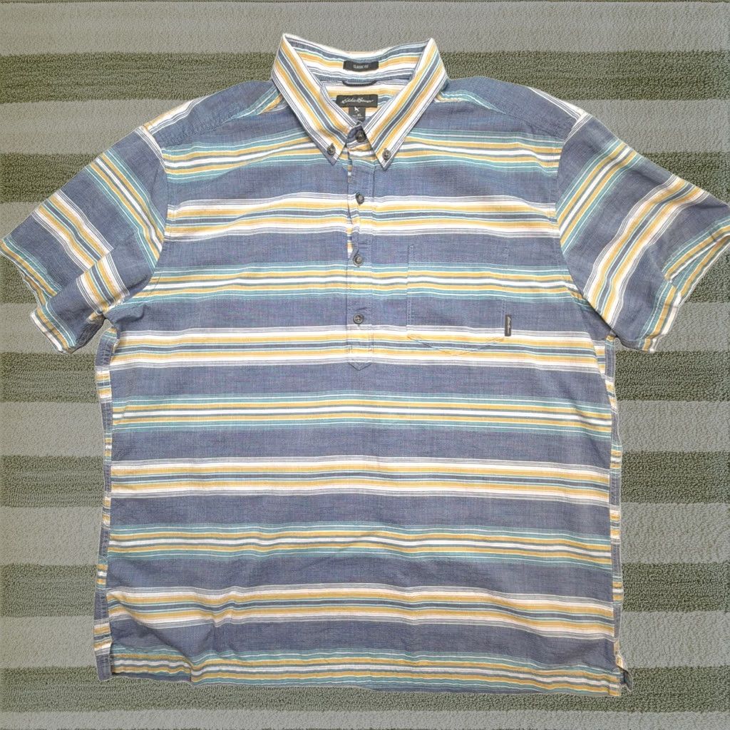 Eddie Bauer Polo Shirt 1XL Blue Yellow Striped Button Up Classic Fit Camp Mens, Men's